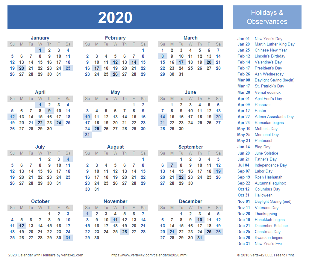 2020 Calendar Templates and Image