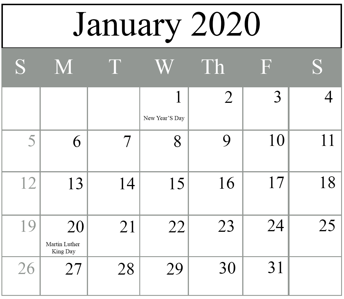 Free January 2020 Printable Calendar In PDF, Excel & Word