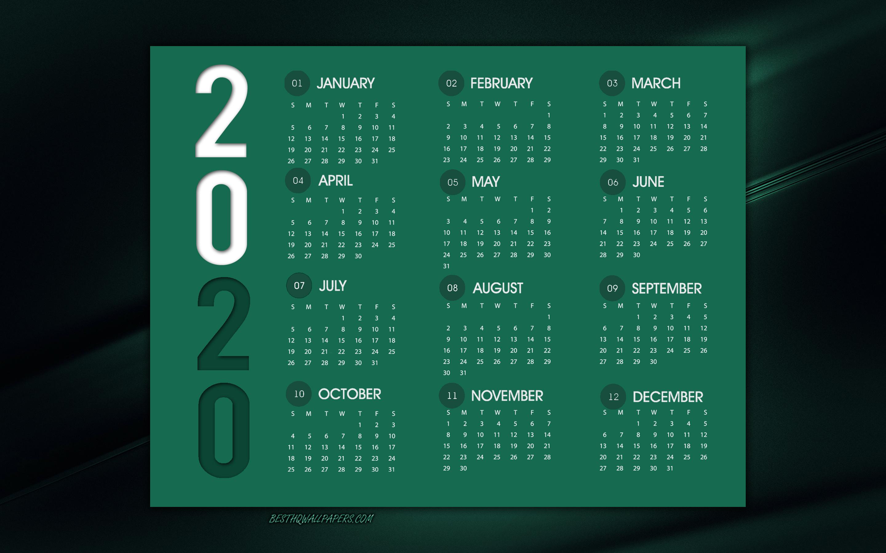 Download wallpapers 2020 Calendar, dark green background, 2020 green