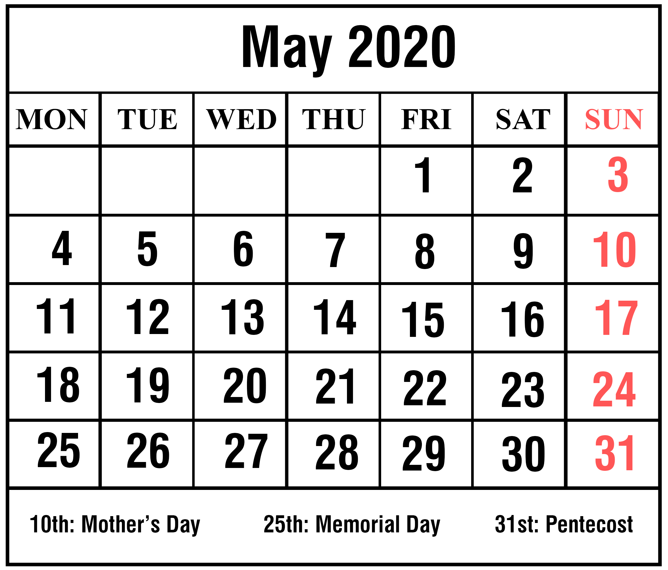 Download Free Printable May 2020 Calendar [PDF, Excel & Word