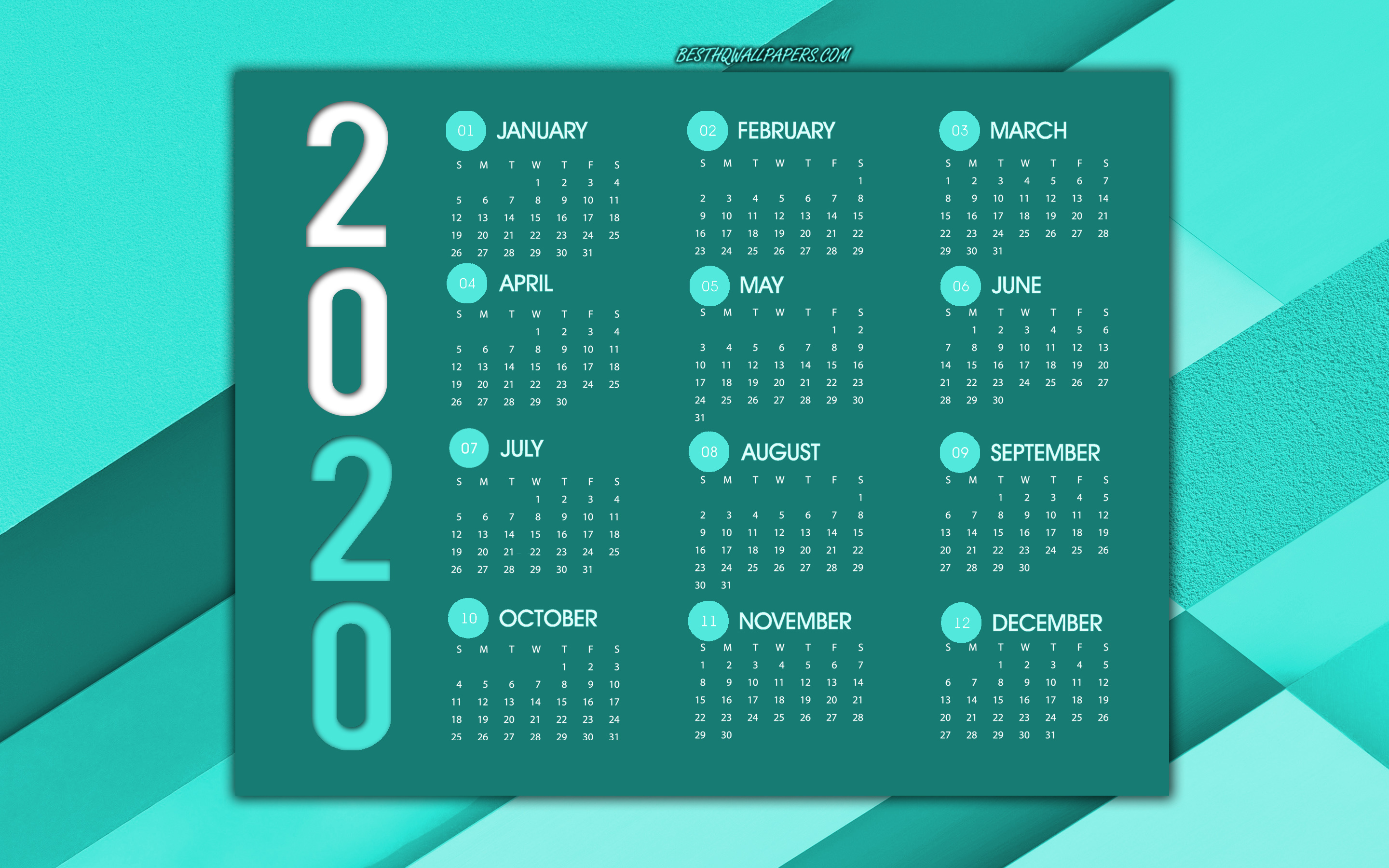 Download wallpapers 2020 Calendar, turquoise abstract backgrounds