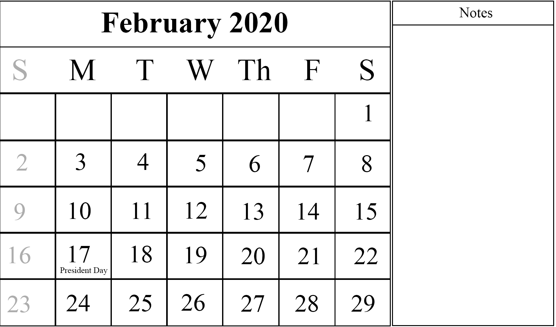 February Calendar 2020 Free Printable PDF Word Excel