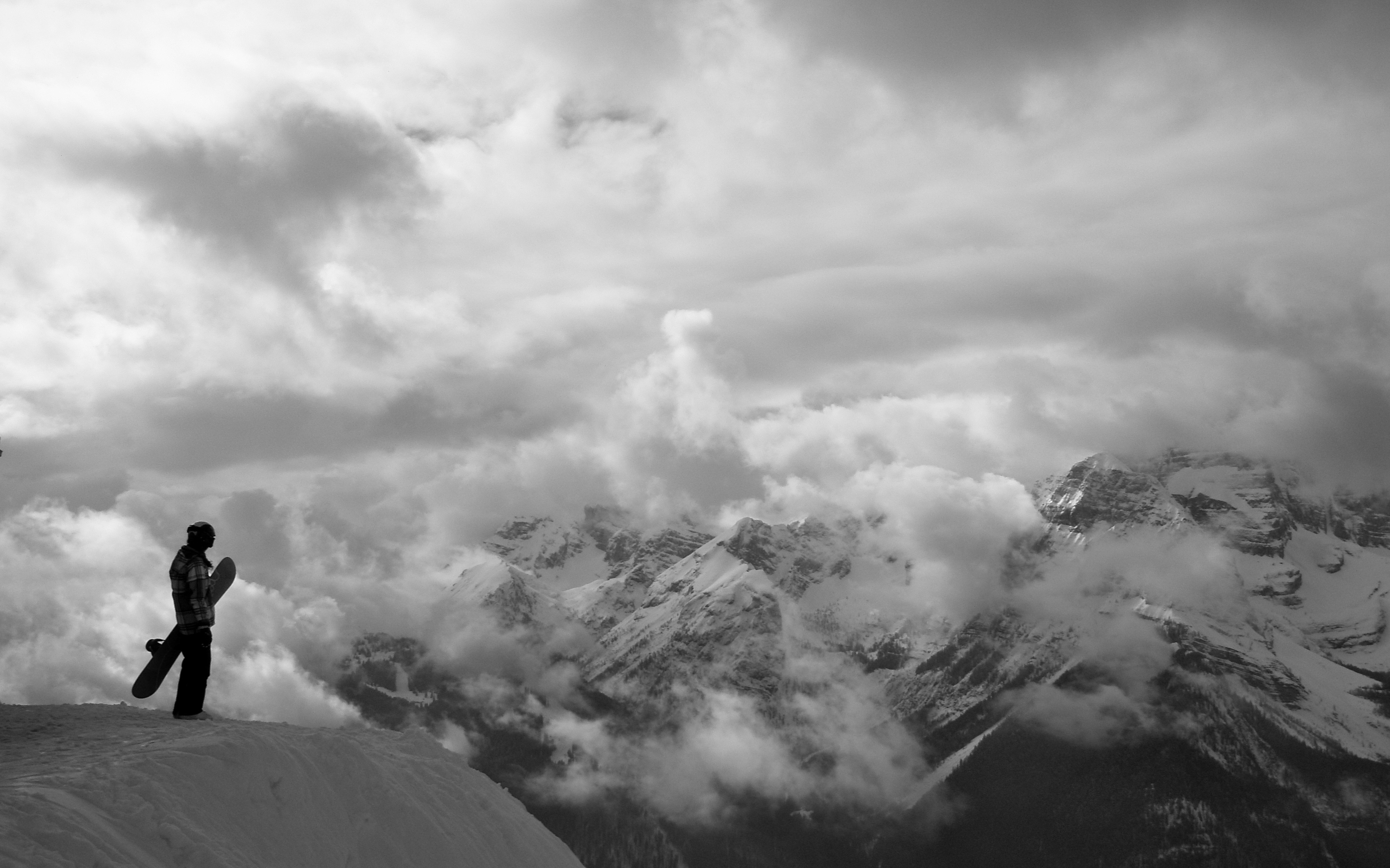 black and white, mountains, snow, snowboarding wallpaper