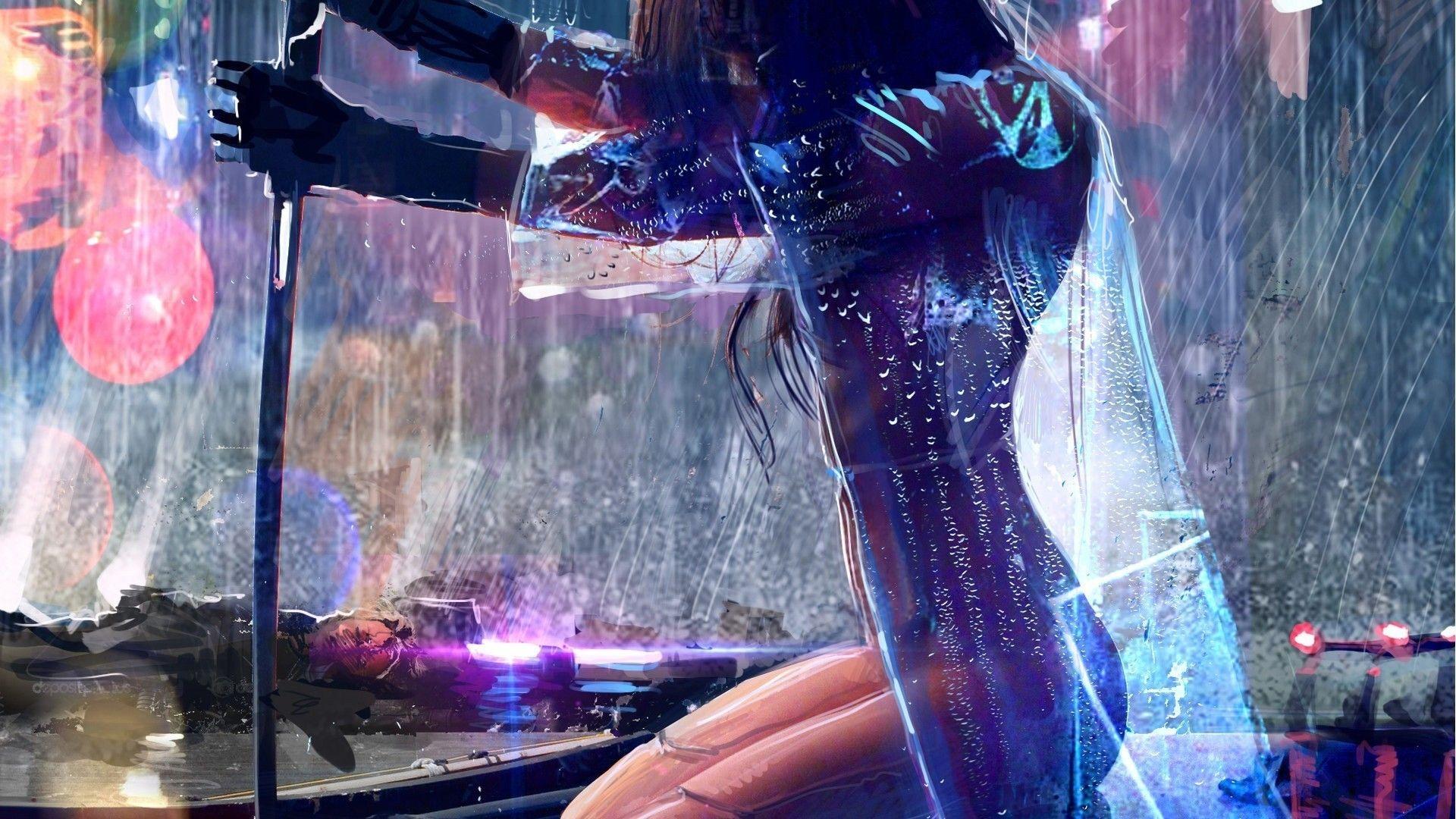 General 1920x1080 artwork rain cyberpunk sword futuristic women