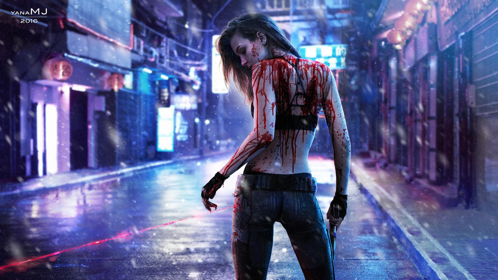 Wallpaper of Blood, Cyberpunk, Girl, Gun, Laser, Rain background