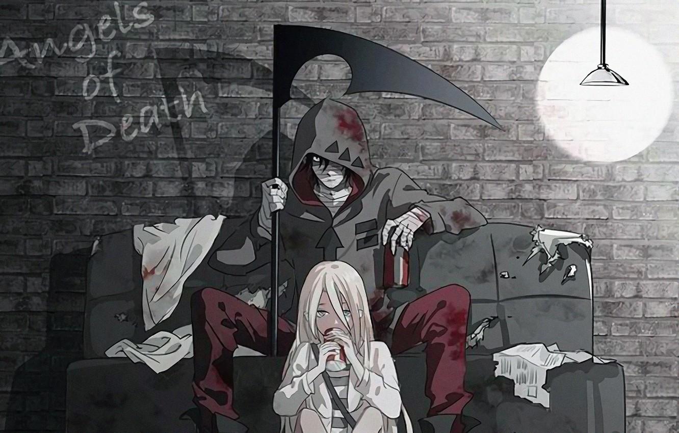 Wallpaper light, girl, wall, fantasy, bricks, anime, boy, couple, artwork, couch, angel of death, hood, bandages, light bulb, sickle, Satsuriku no Tenshi image for desktop, section сёнэн