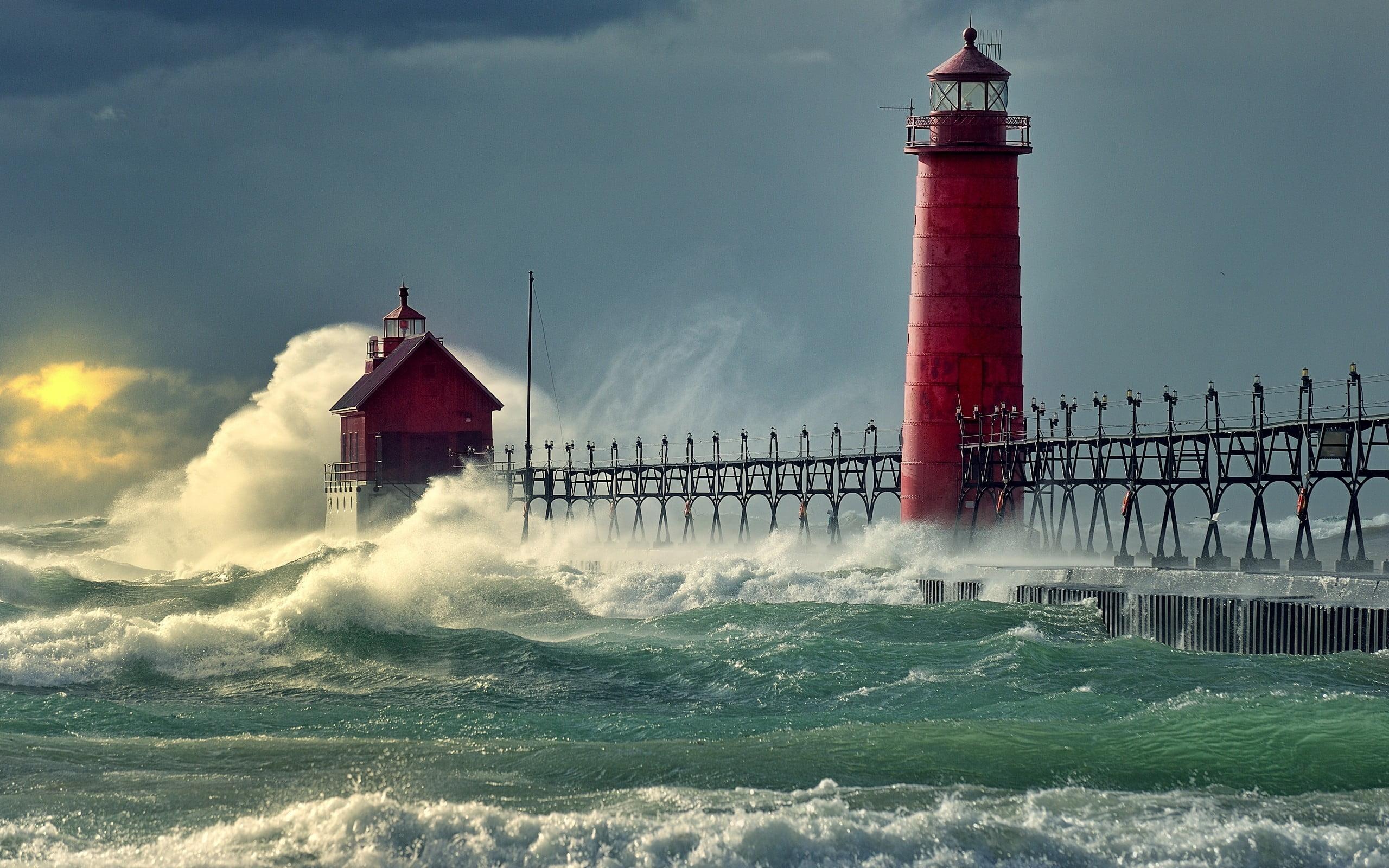 Red lighthouse, lighthouse, sea, storm HD wallpaper