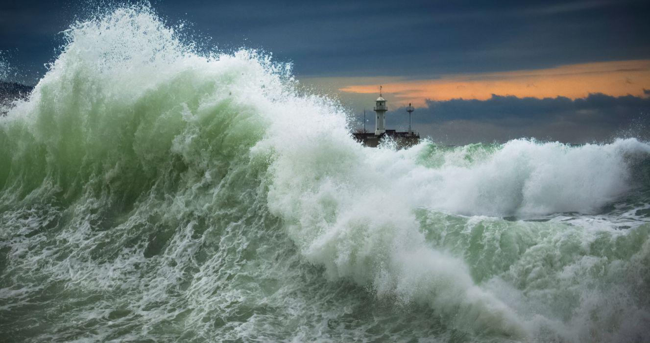Sea waves ocean storm lighthouse wallpaperx1844