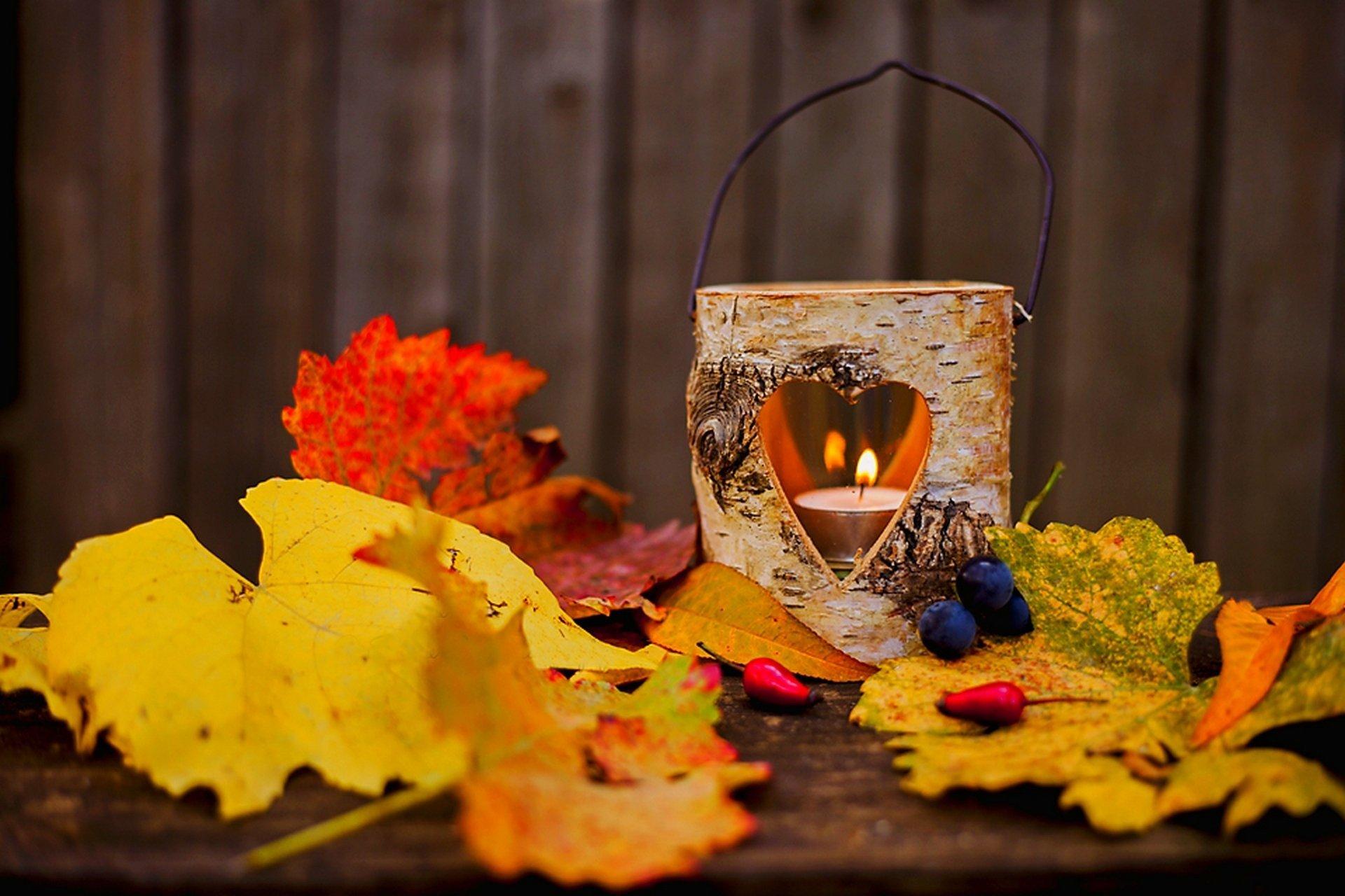 Autumn Leaves Candle Lantern Heart Love wallpaper