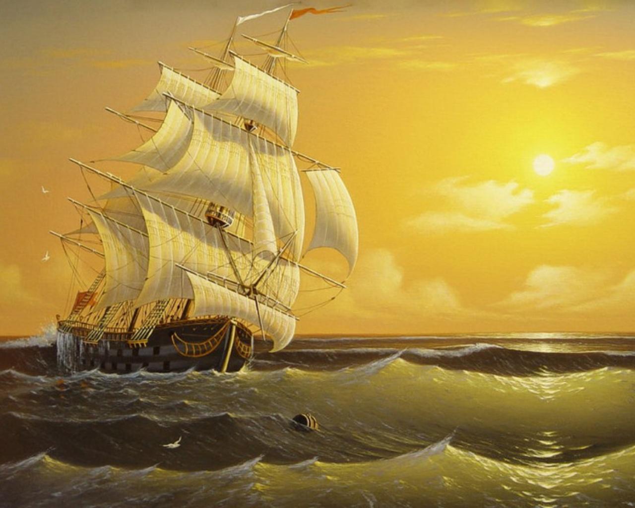 Deep Ocean Ship Golden Sunset wallpaper. Deep Ocean Ship Golden