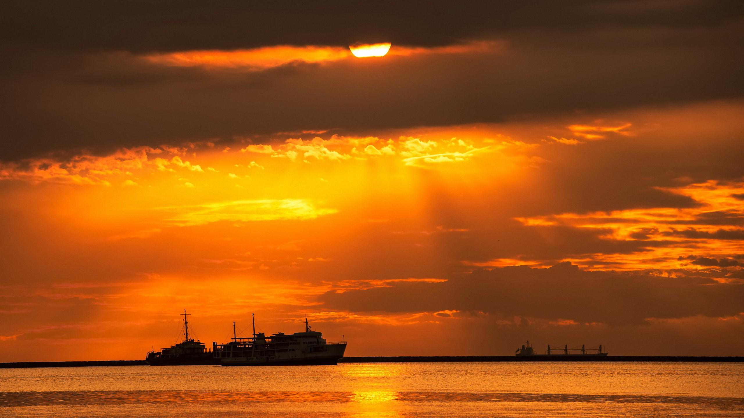 Ship Sea Golden Sunset FHD Wallpaper