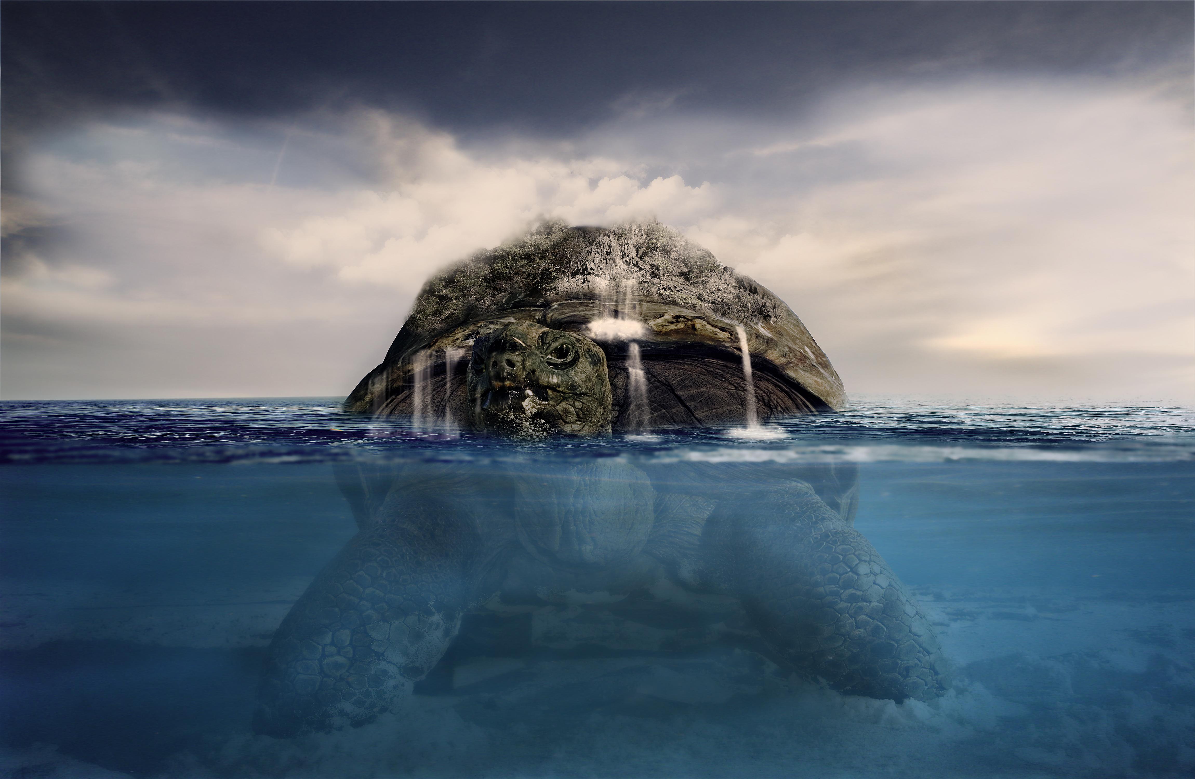 Wallpaper Turtle, Island, Underwater, Waterfalls, Photohop, 4K