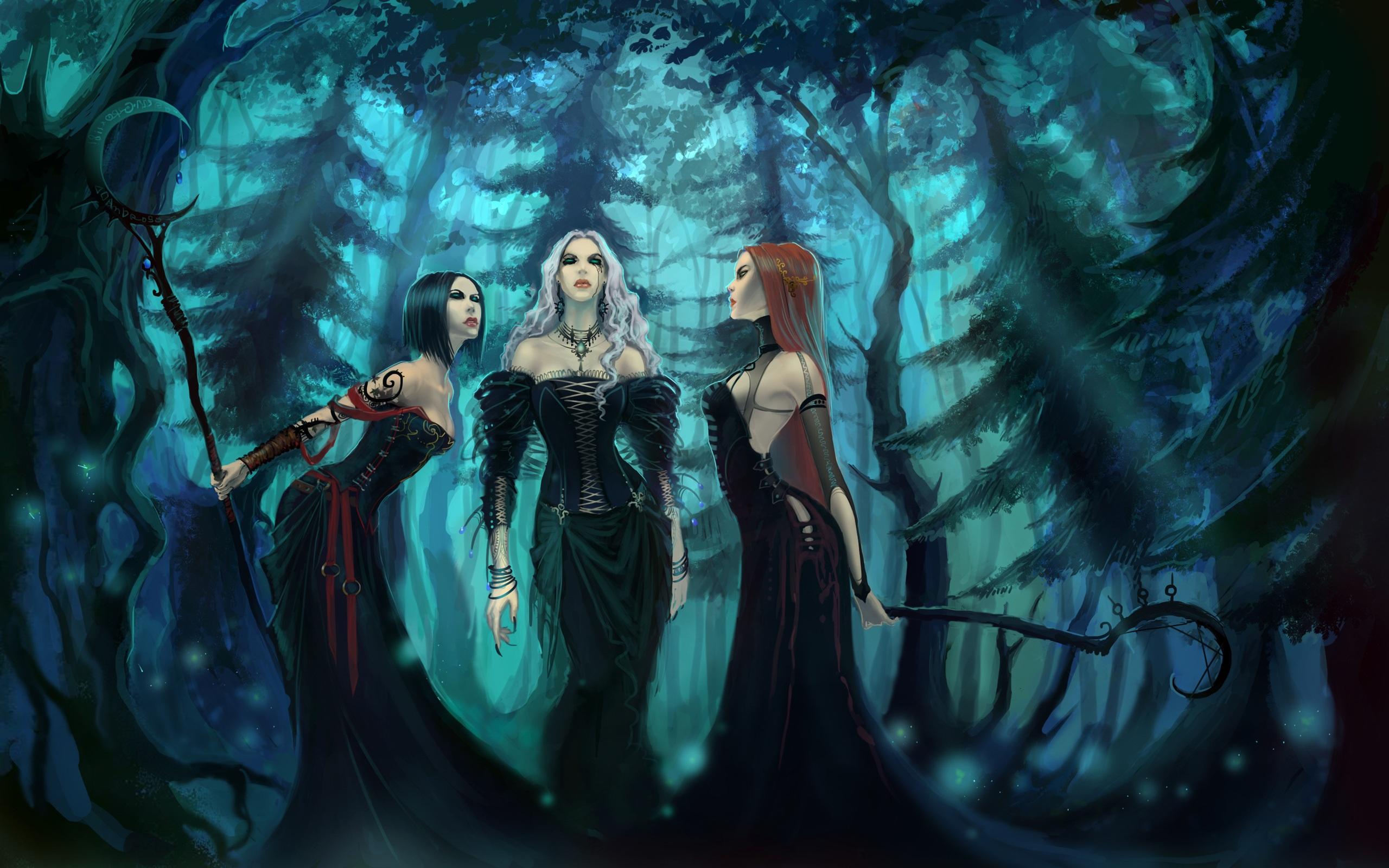 Wallpaper Three black skirt fantasy girl in the forest 2560x1600 HD