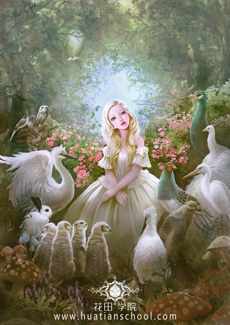 fantasy, Girl, Dress, Flowers, Rose, Beautiful, Forest, Animal