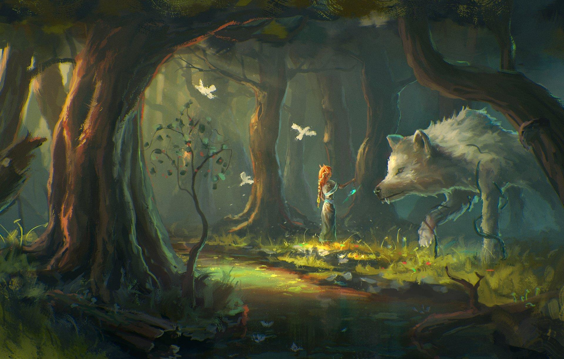 Fantasy Art Girl Wolf Forest wallpaper Collection