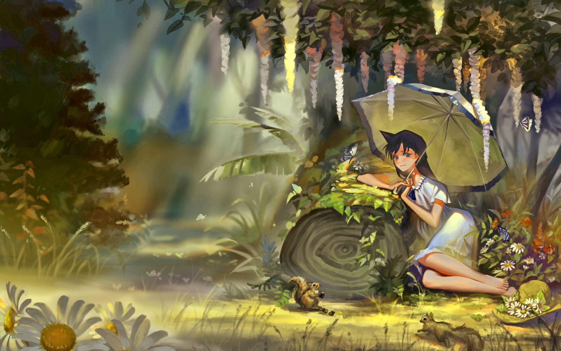 fantasy, squirrel, girl, parasol, landscape, butterfly, forest