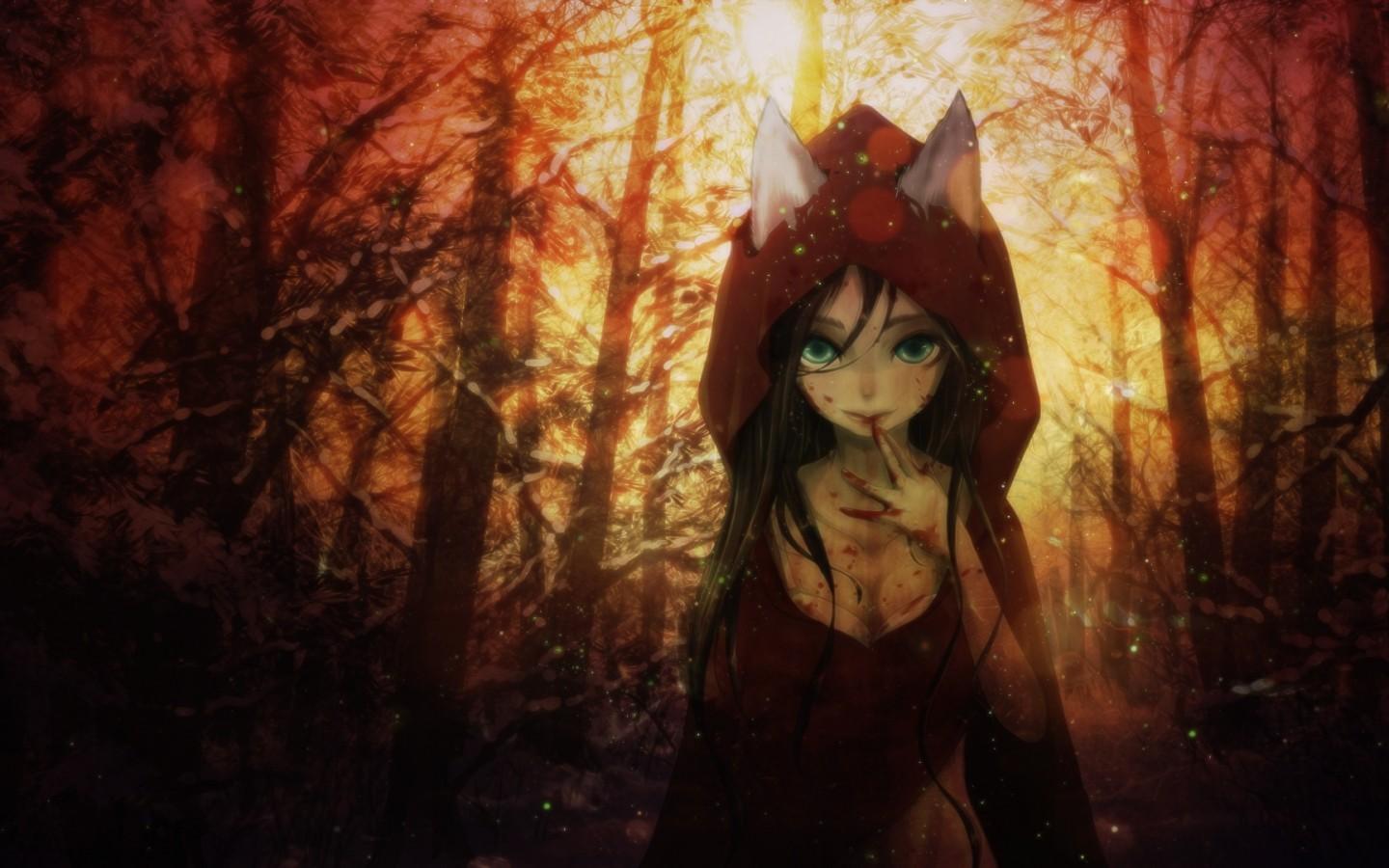 Download 1440x900 Anime Girl, Fantasy, Animal Ears, Hoodie, Forest