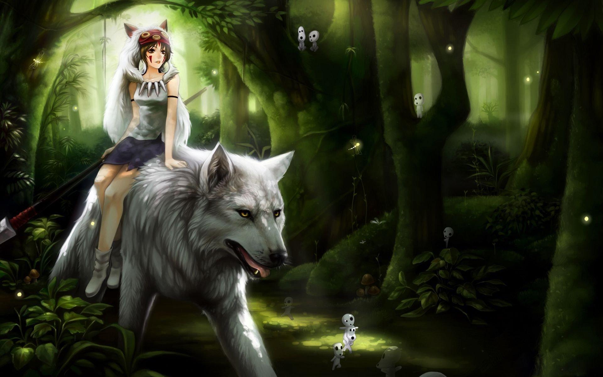 brunette, Short hair, Anime, Anime girls, Forest, Wolf, Princess Mononoke HD Wallpaper / Desktop and Mobile Image & Photo