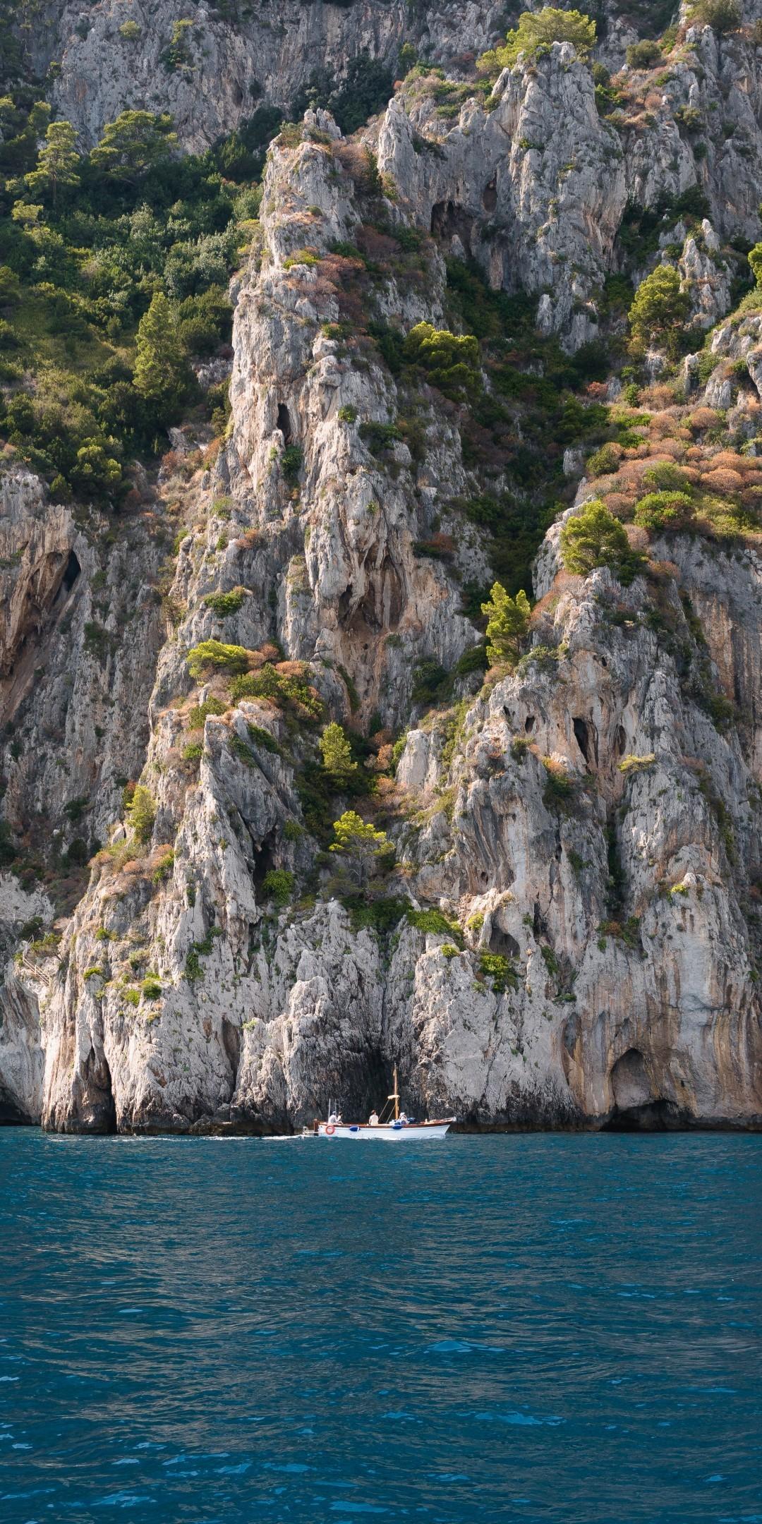 Download 1080x2160 Italy Capri Island, Boat, Cliff, Ocean Wallpaper