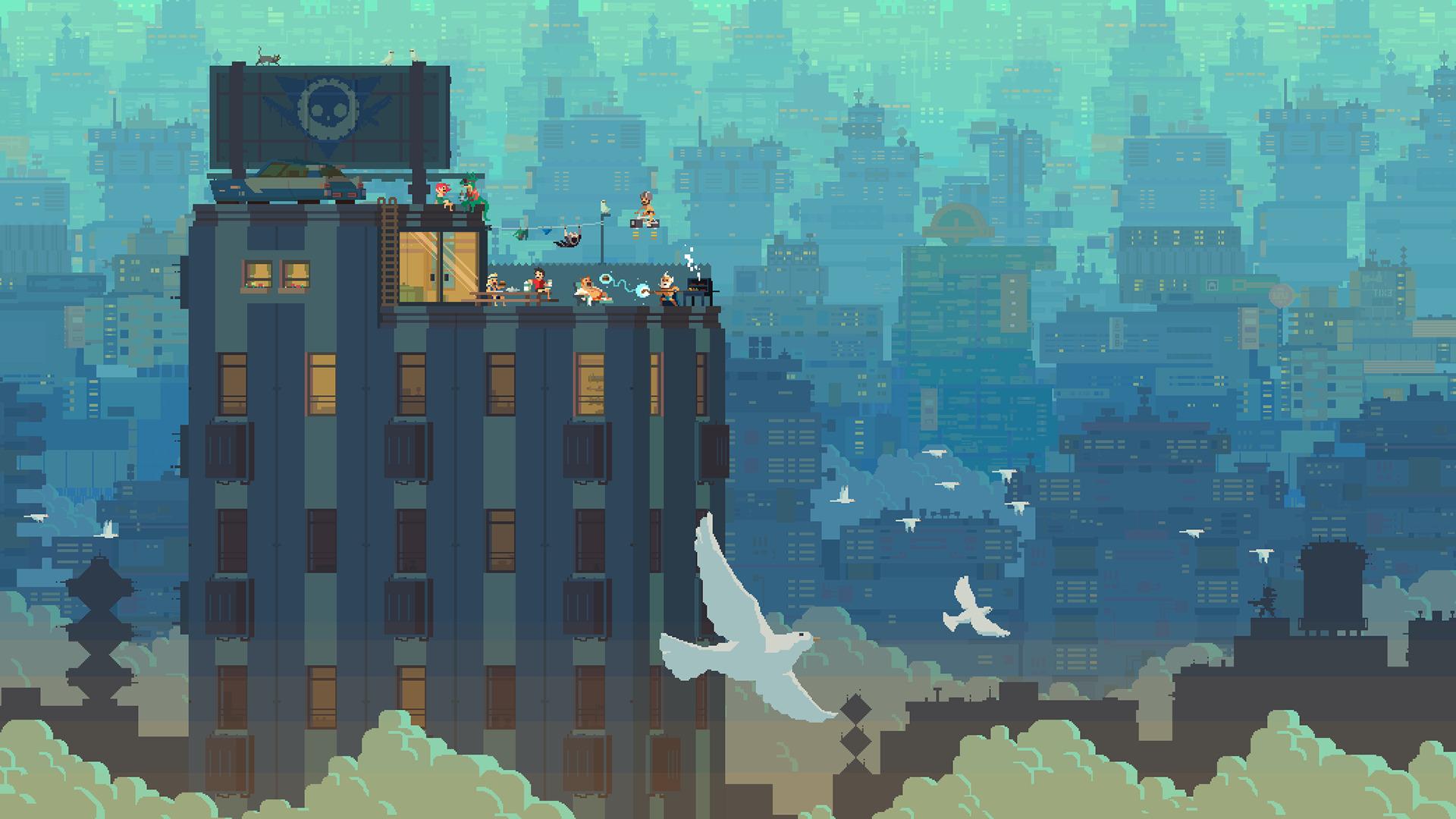 pixel art cityscape birds super time force Wallpaper HD / Desktop