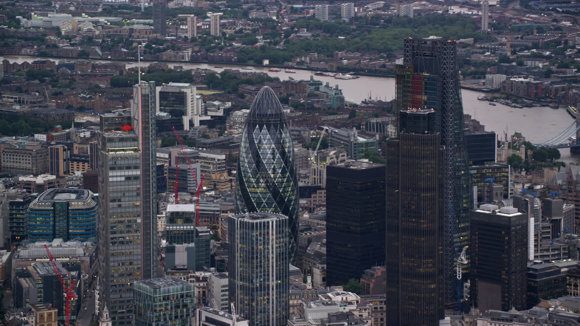 6K stock footage aerial video of orbiting Central London skyscrapers, London, England, twilight Aerial Stock Footage AX116_013