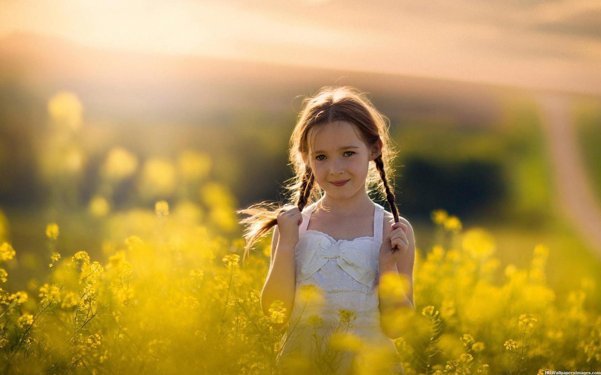 Spiritual Children Cute Baby Girl In Yellow Flowers Field HD Desktop
