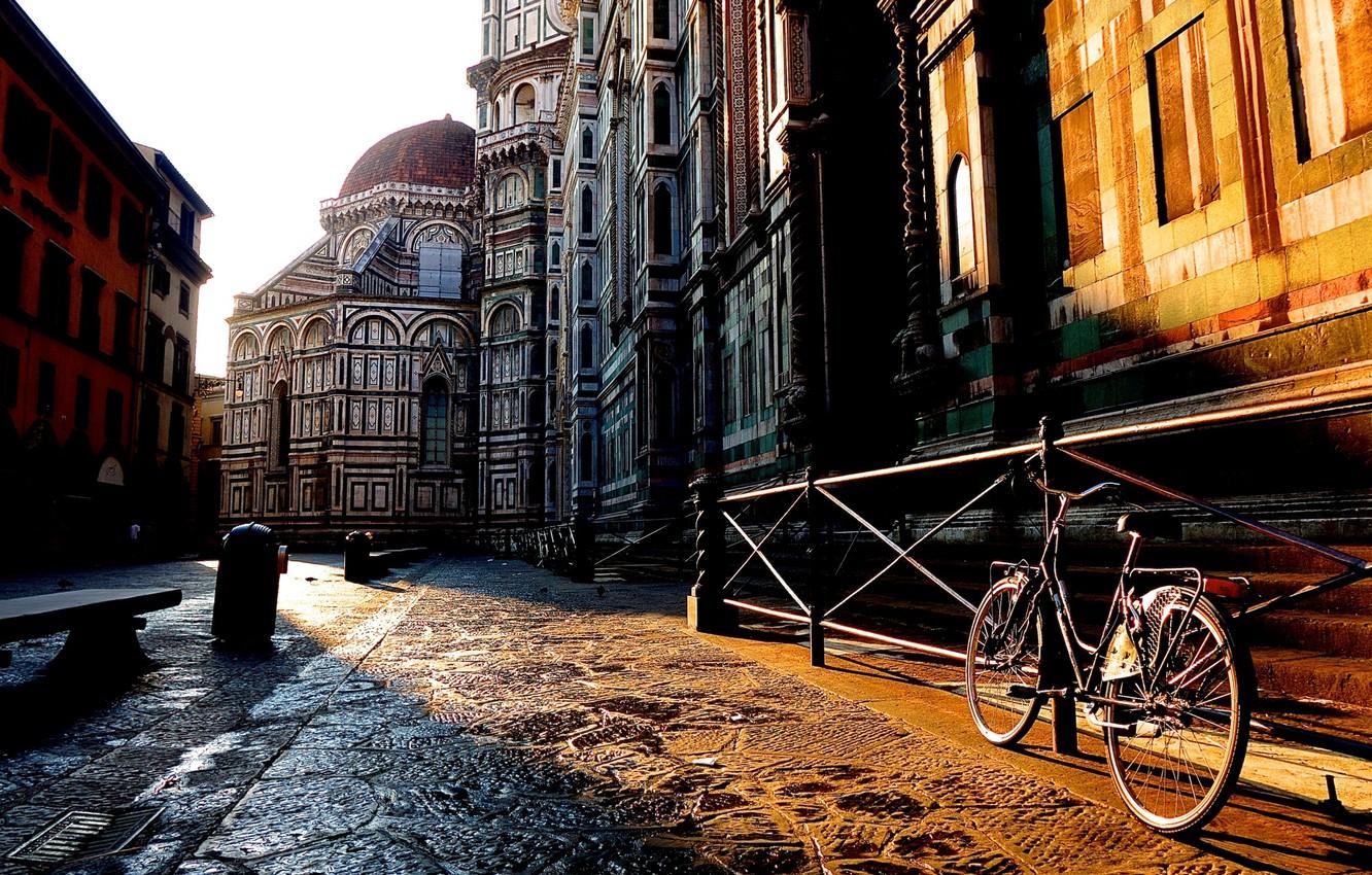 Wallpaper bike, the city, sunrise, street, building, home, morning, fence, Italy, Florence, Italy, Tuscany, Florence, Toscana, Tuscany, Firenze image for desktop, section город