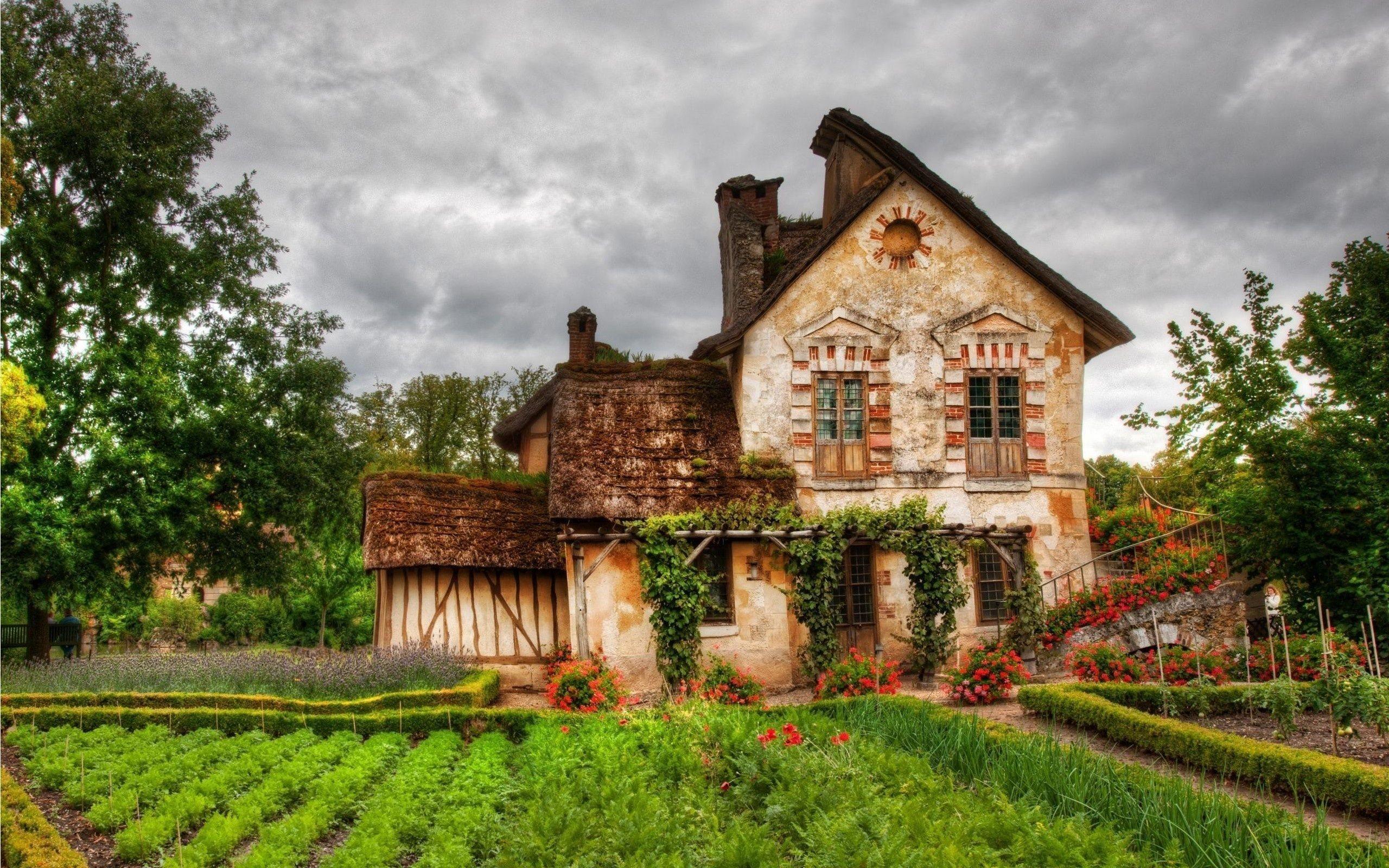 Download wallpaper old cottage, garden, flowers, france for desktop