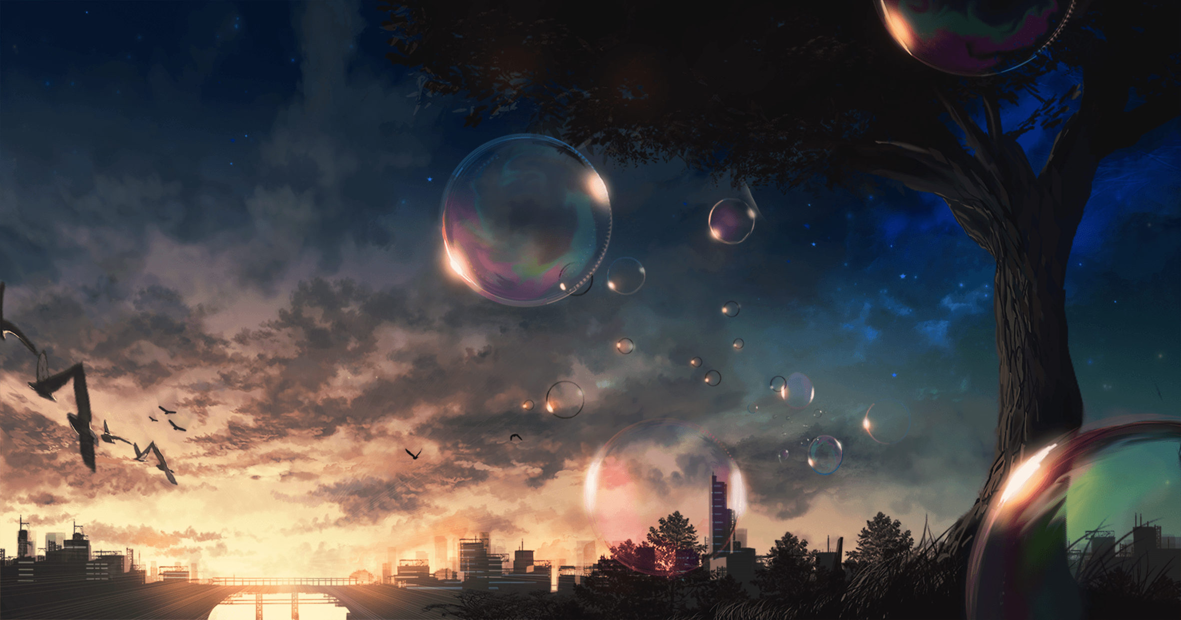 Download 2363x1241 Anime Landscape, Tree, Sky, Clouds, Evening