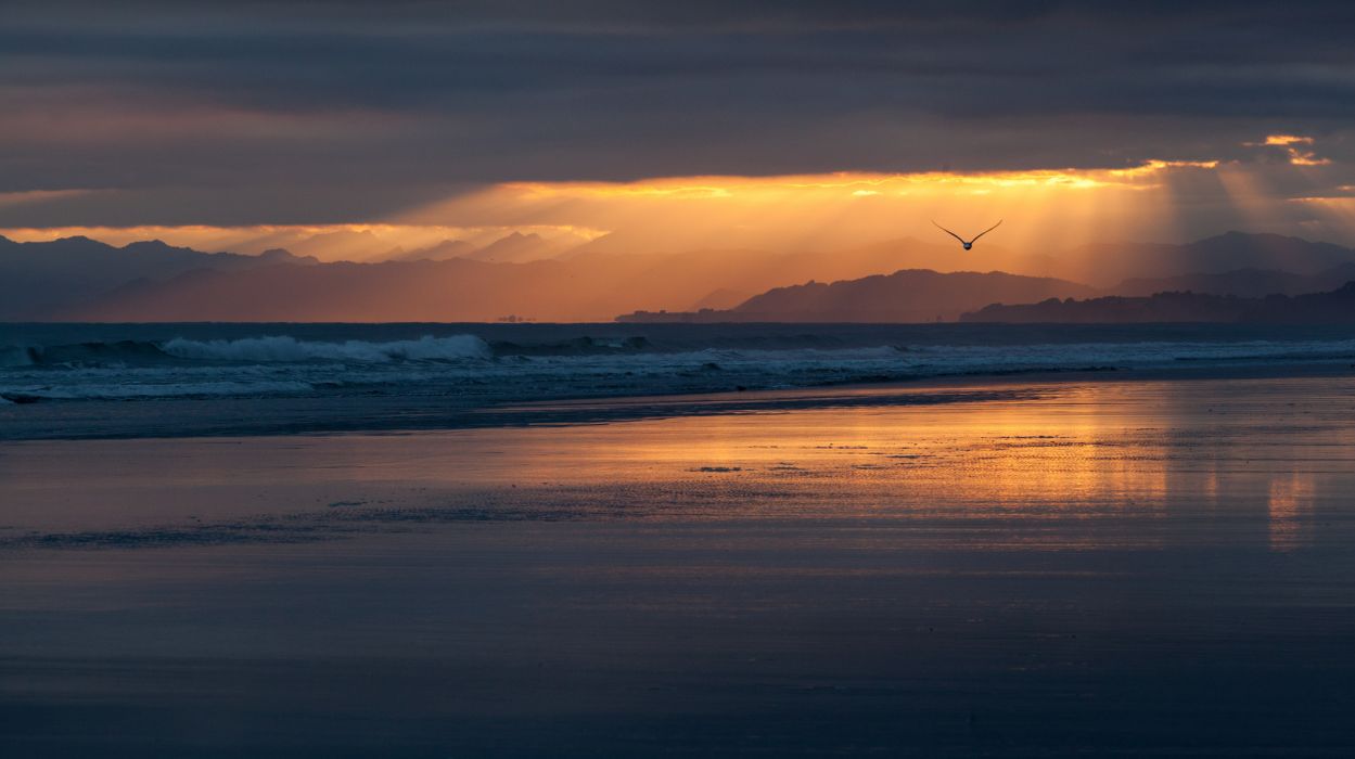 New Zealand beach beaches coast sea ocean evening sunset orange