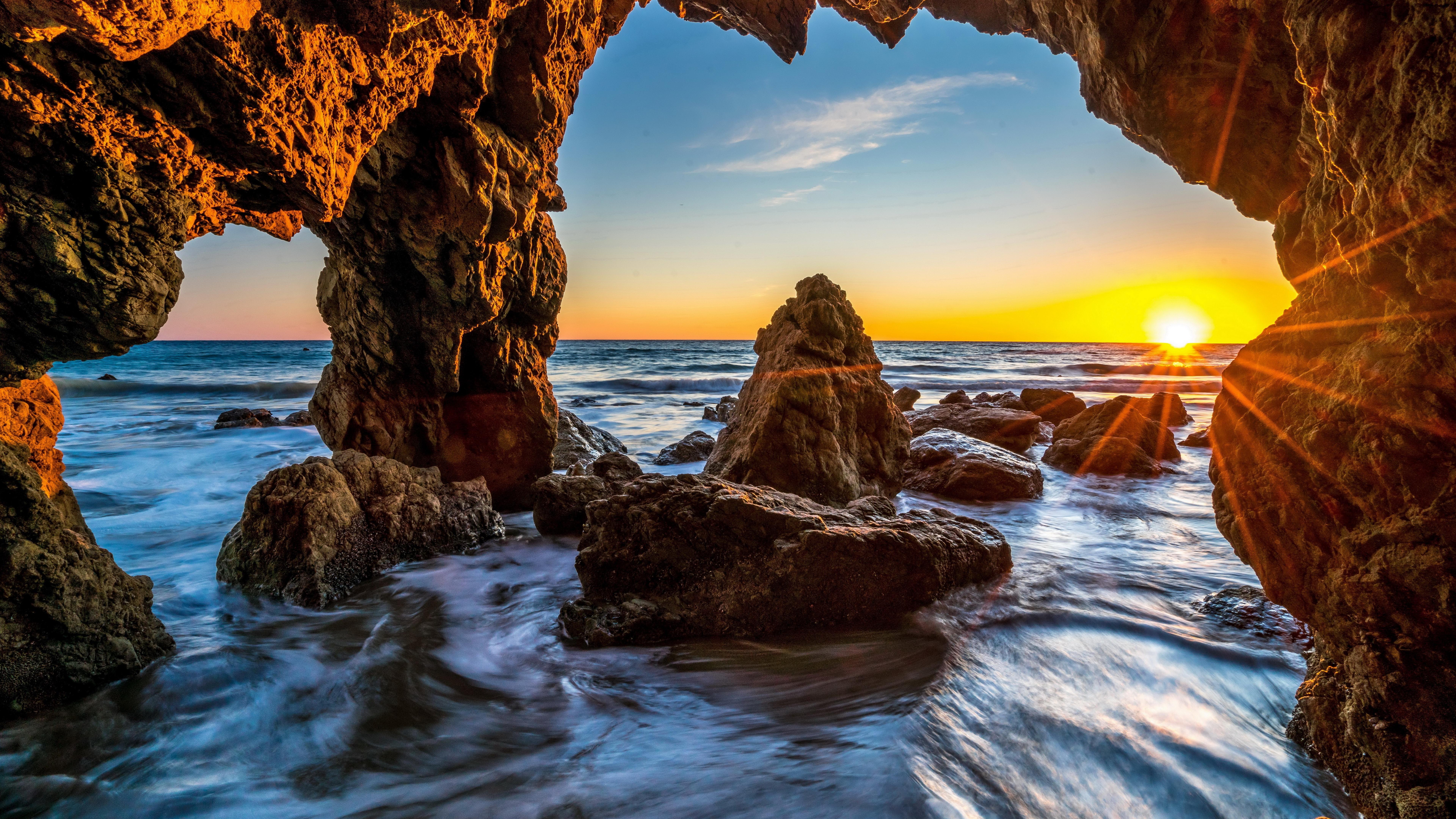 Wallpaper USA, Malibu, rocks, sea, cave, sunshine 7680x4320 UHD 8K