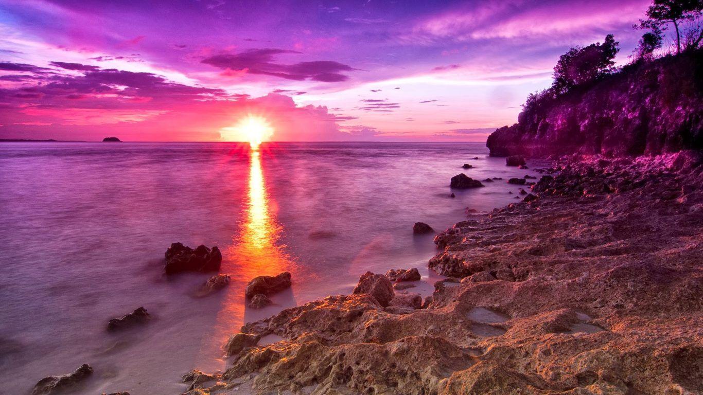 OgNature.com Sunset Sea Magenta Rocks Beach Sunshine