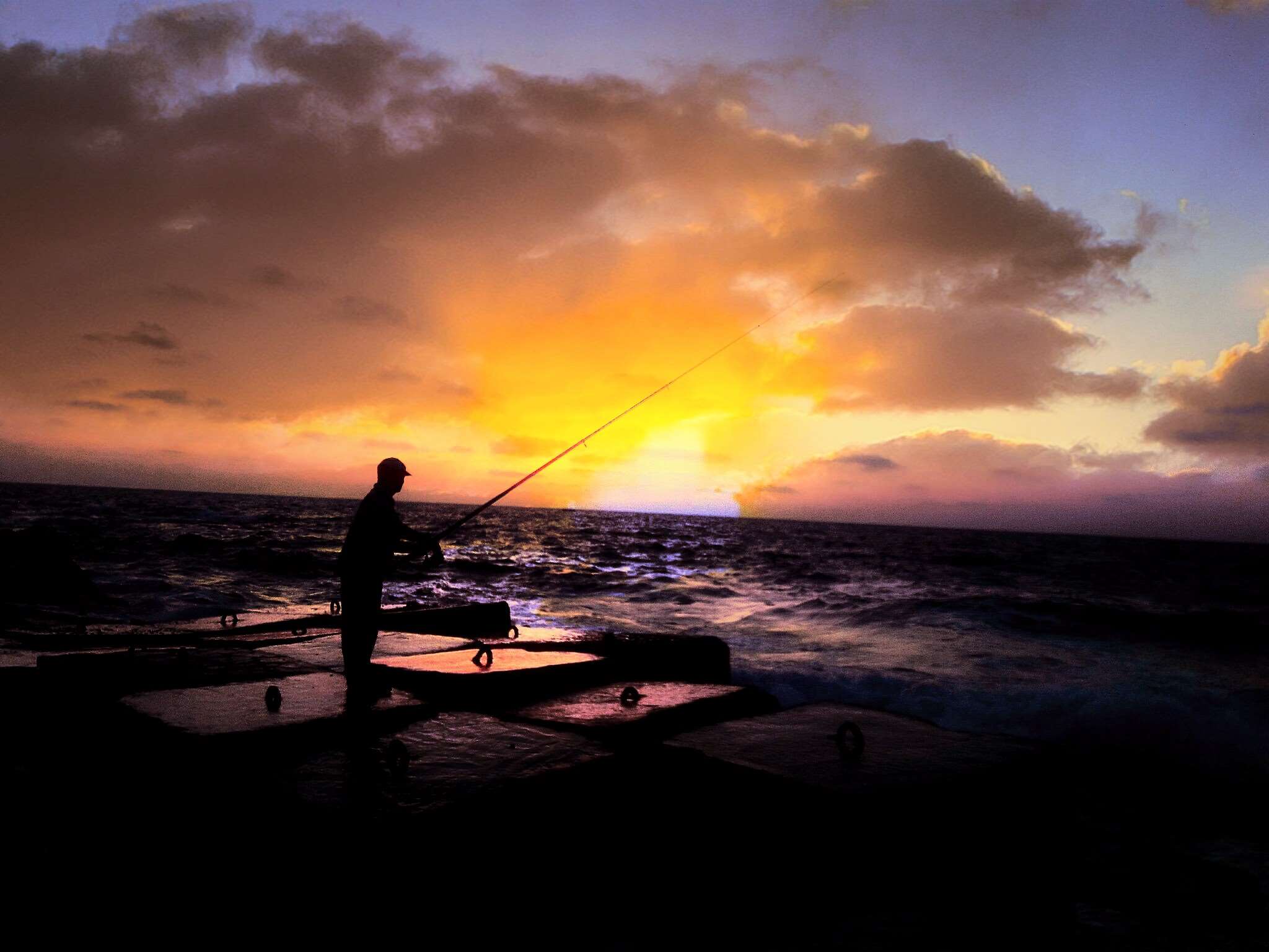 fishing, man, rocks, sea, sunshade, sunshine wallpaper