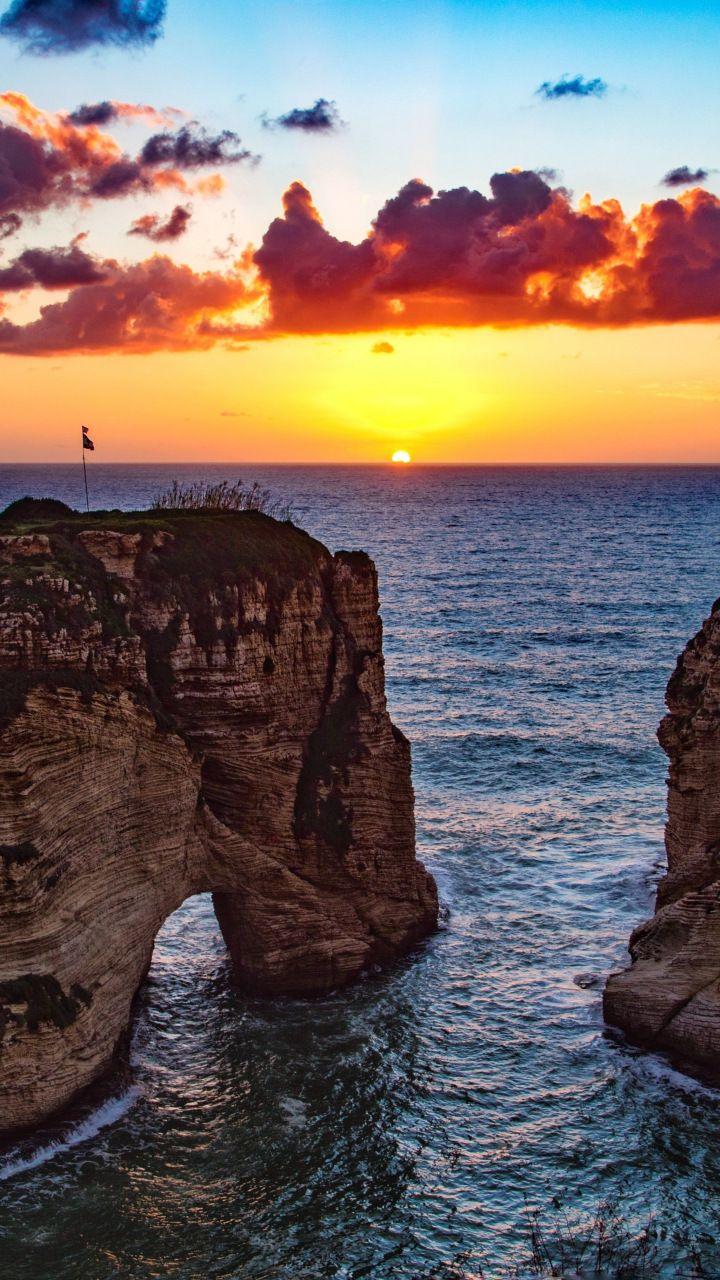 Raouché, Beirut, rocks, sea, sunset, 720x1280 wallpaper. Nature