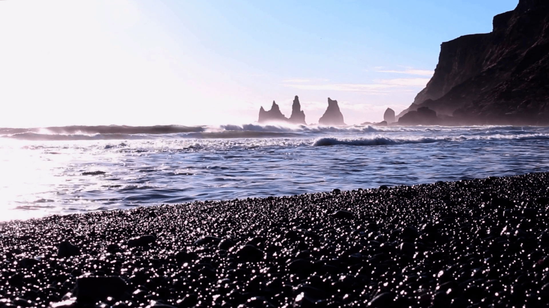 Iceland Vik South Coast Black Beach Rock Formation And Waves Shore Sunshine Stock Video Footage