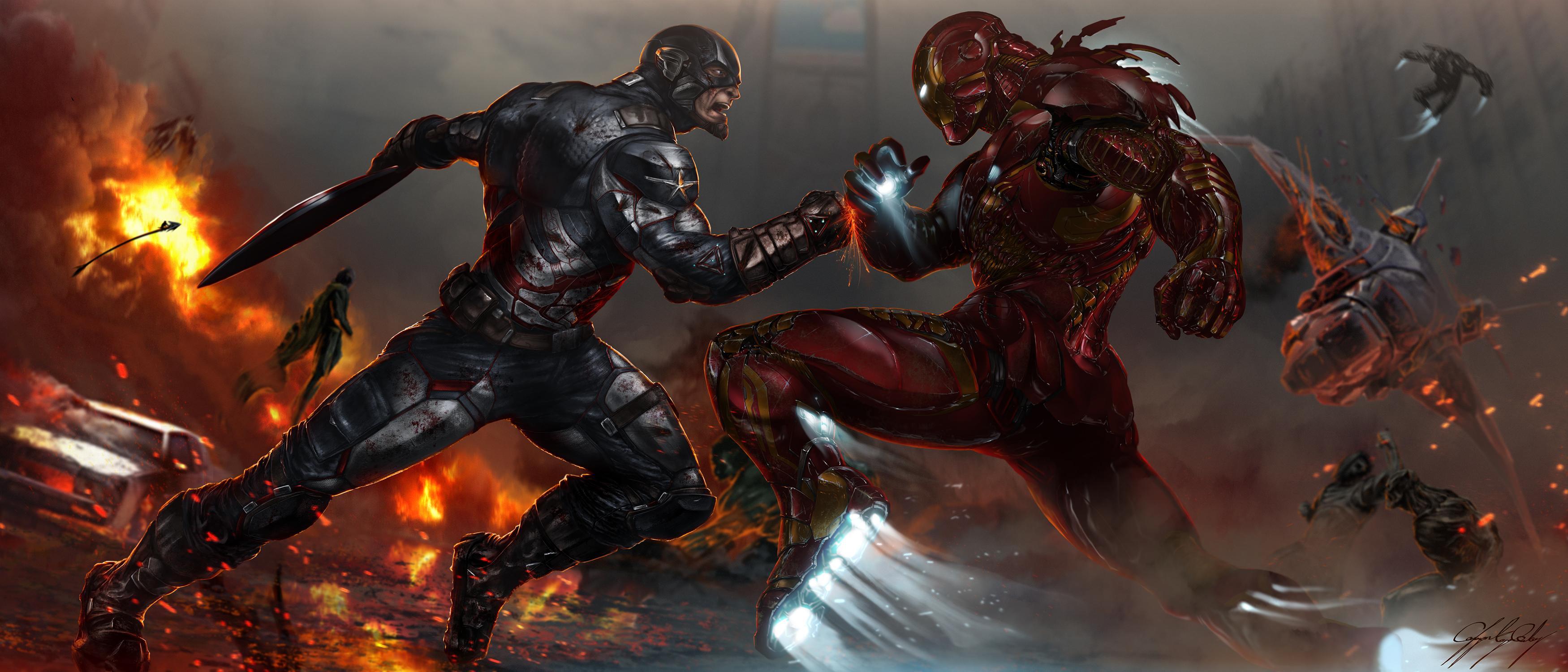 Captain America And Iron Man Fighting Artwork, HD Superheroes, 4k
