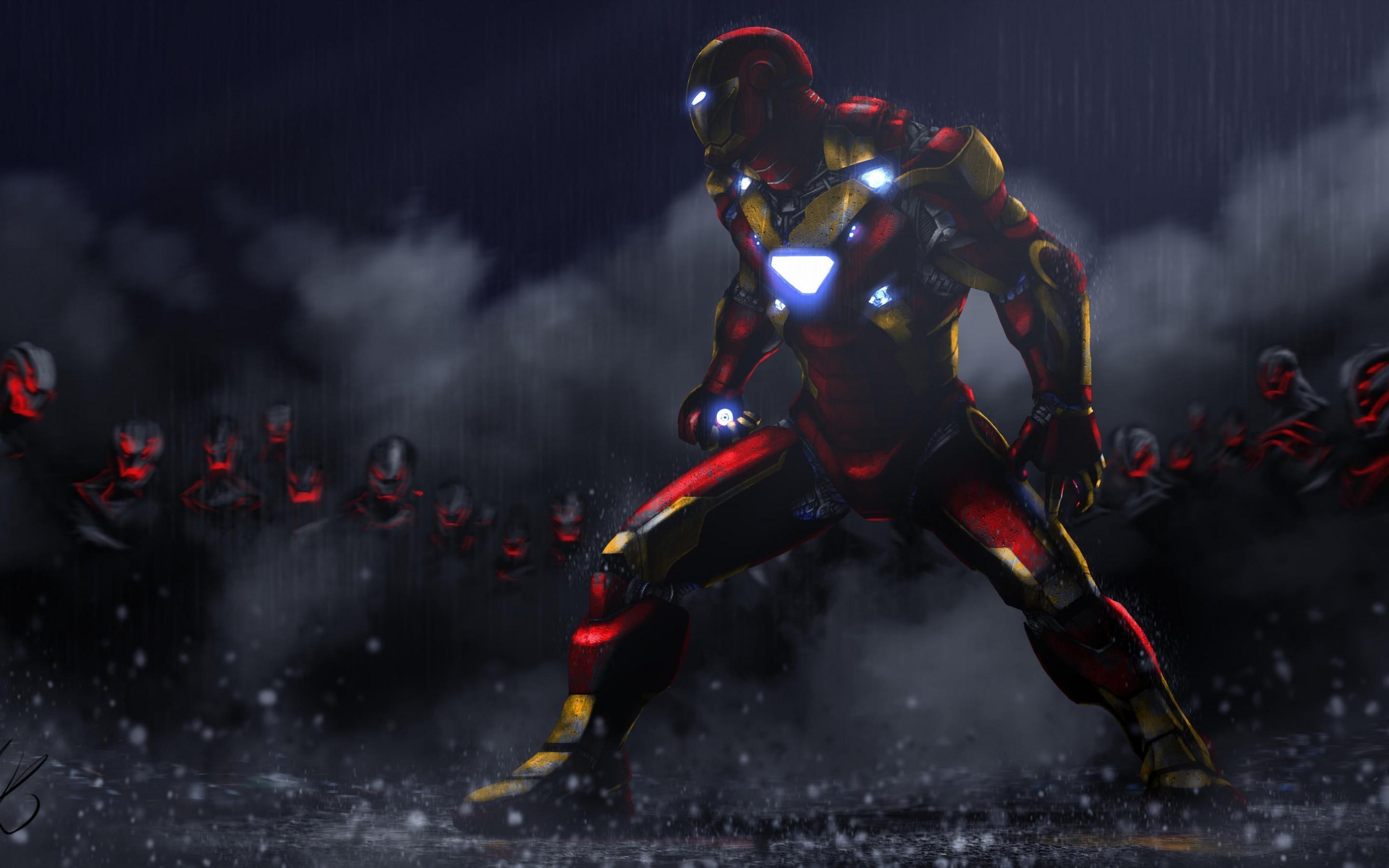 Download 2880x1800 Iron Man, Fight, Raining, Artwork, Age Of Ultron