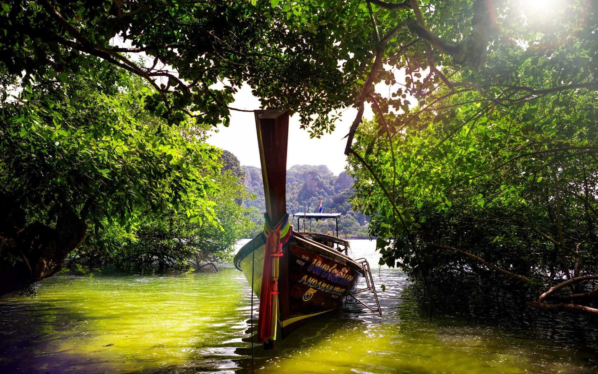 summer, lakes, tranquility, tropical, boat, Thailand, hills, forest