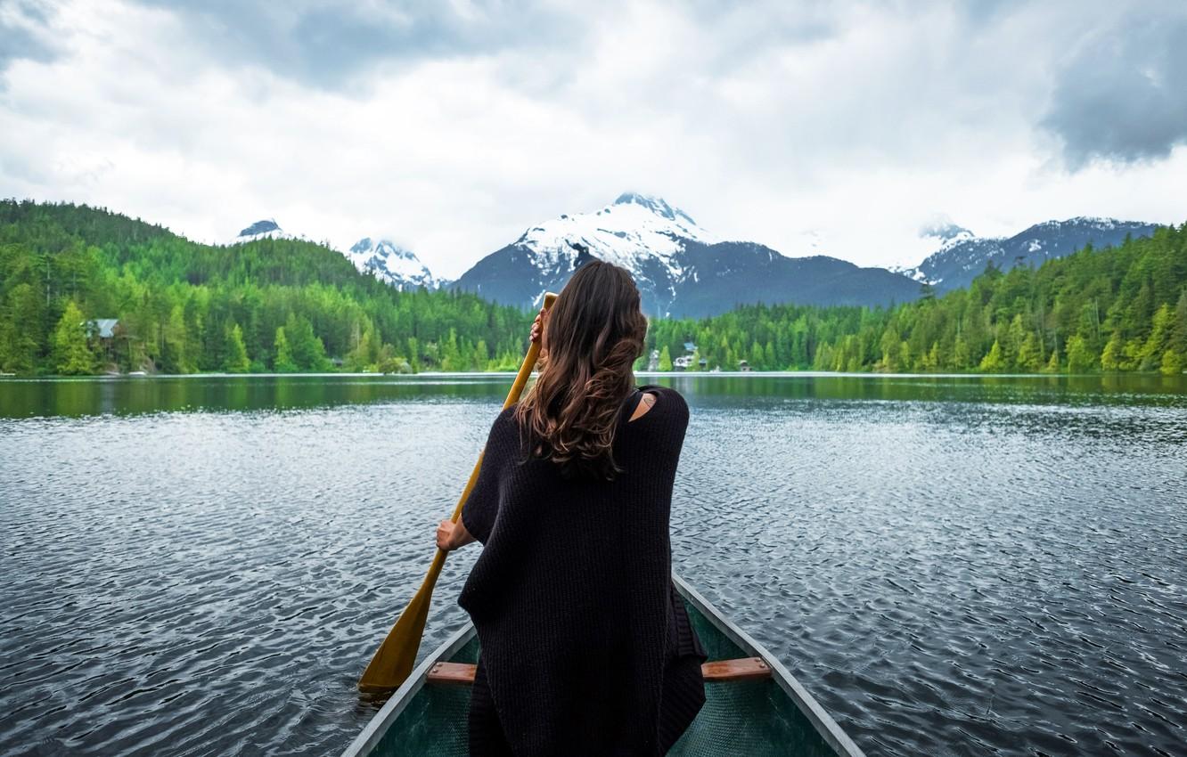 Wallpapers girl, house, forest, Loneliness, peace, sky, trees, landscape, nature, mountains, clouds, lake, snow, mood, tranquility, boat image for desktop, section настроения