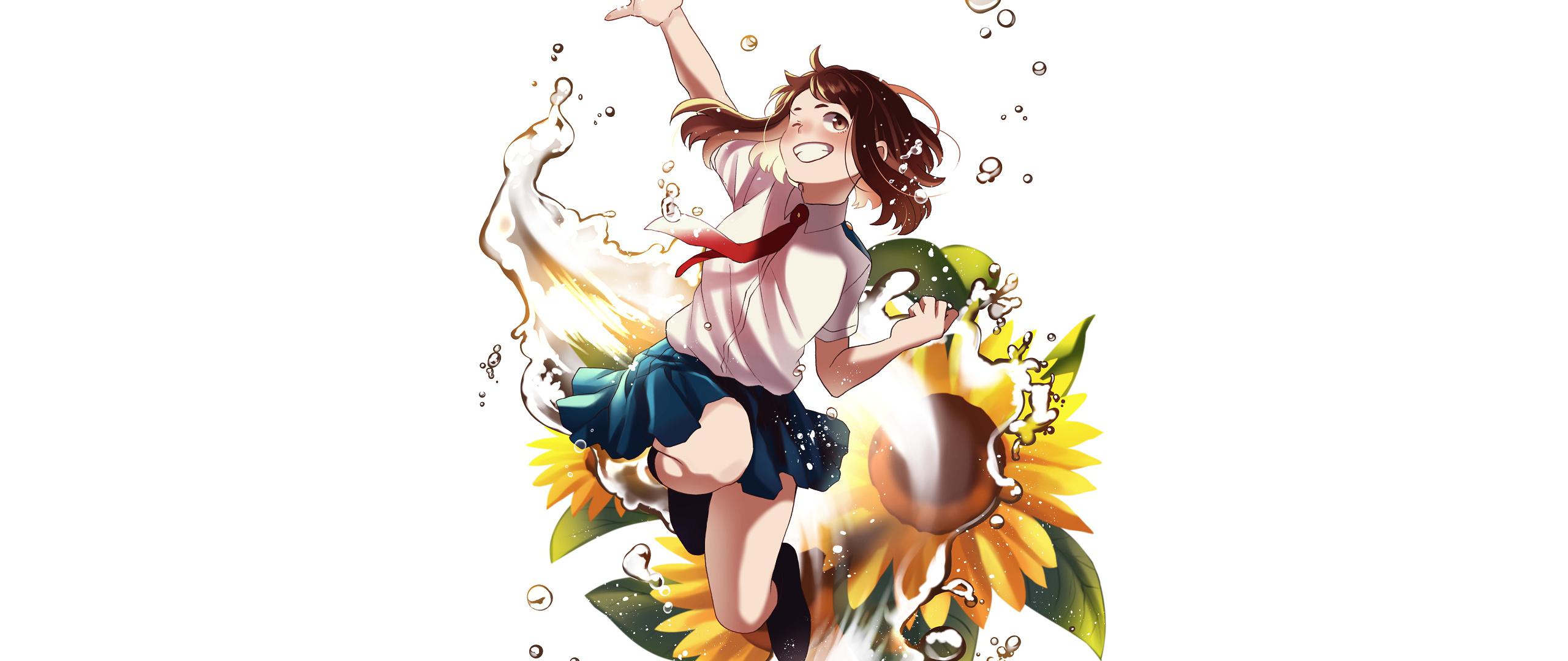 Download 2560x1080 Wallpaper Ochako Uraraka, Jump, Anime Girl, Dual