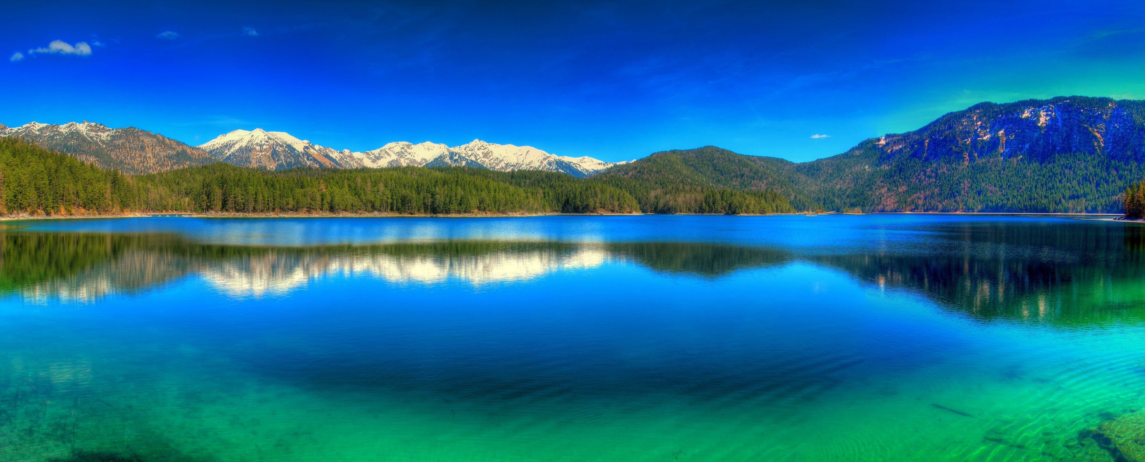 Beautiful natural scenery mountains water trees blue sky wallpaper