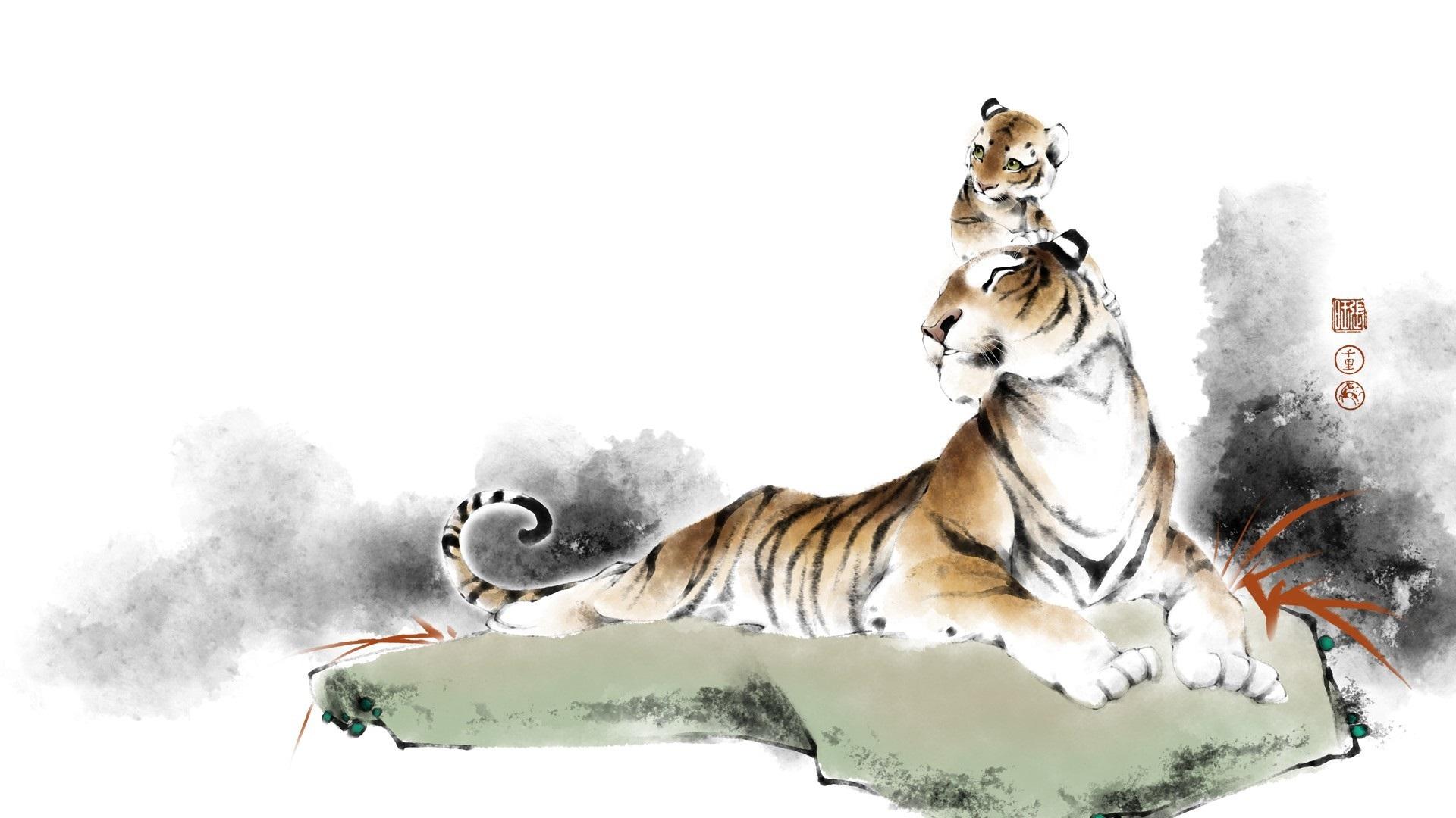 Wallpaper Tigers, Chinese watercolor painting 1920x1080 Full HD 2K Picture, Image