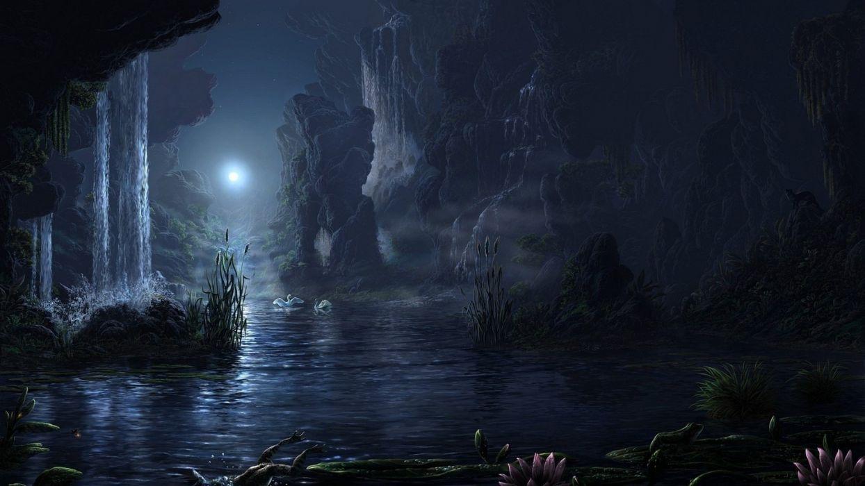 Fantasy lake animal moon waterfall landscape beauty night wallpaper