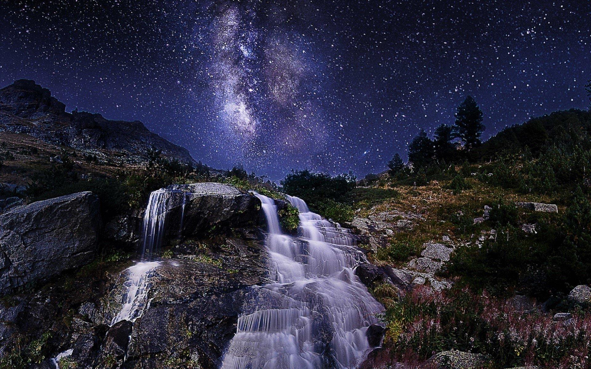 Waterfall On Milky Way Night HD Wallpaper. Background Image