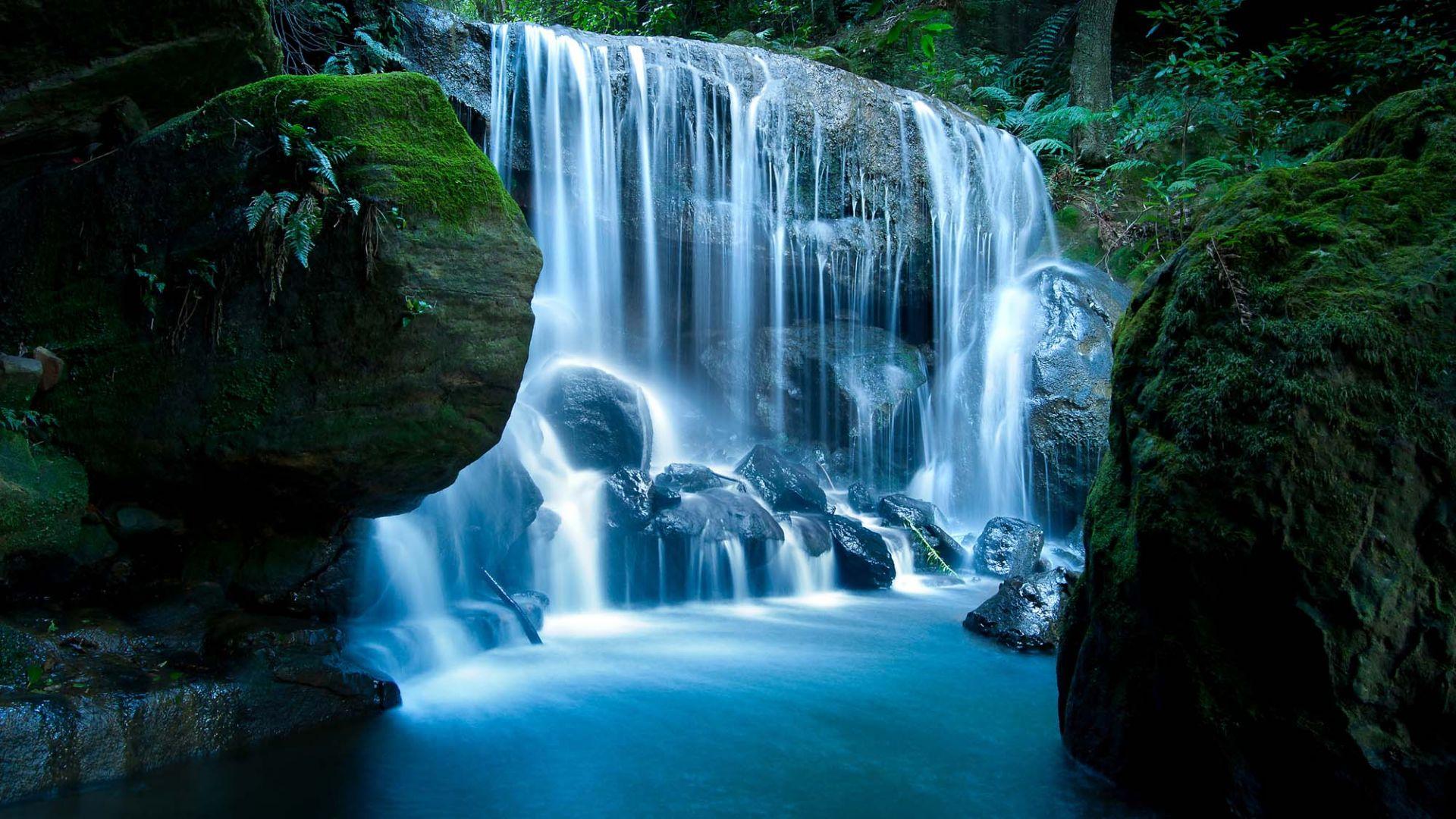 Blue Waterfalls At Night. HD Nature Wallpaper for Mobile and Desktop