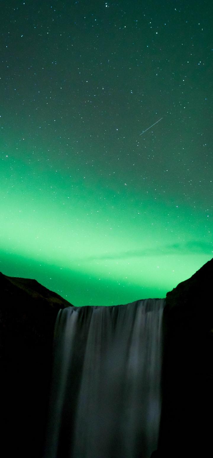 Waterfall Night Northern Lights Wallpaper - [720x1544]