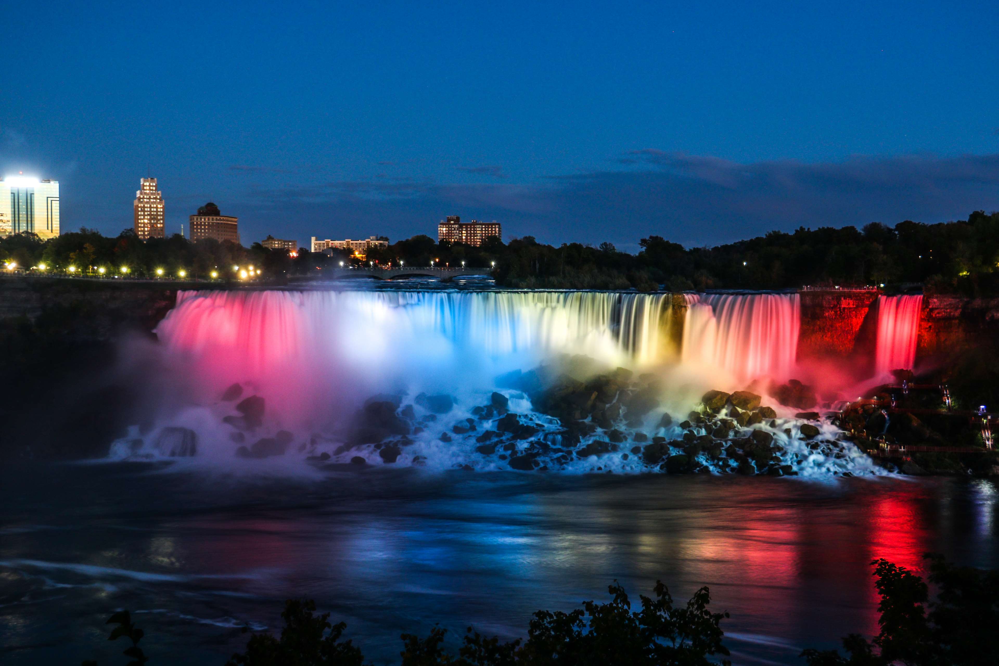 buildings, city, dark, lights, niagara falls, night