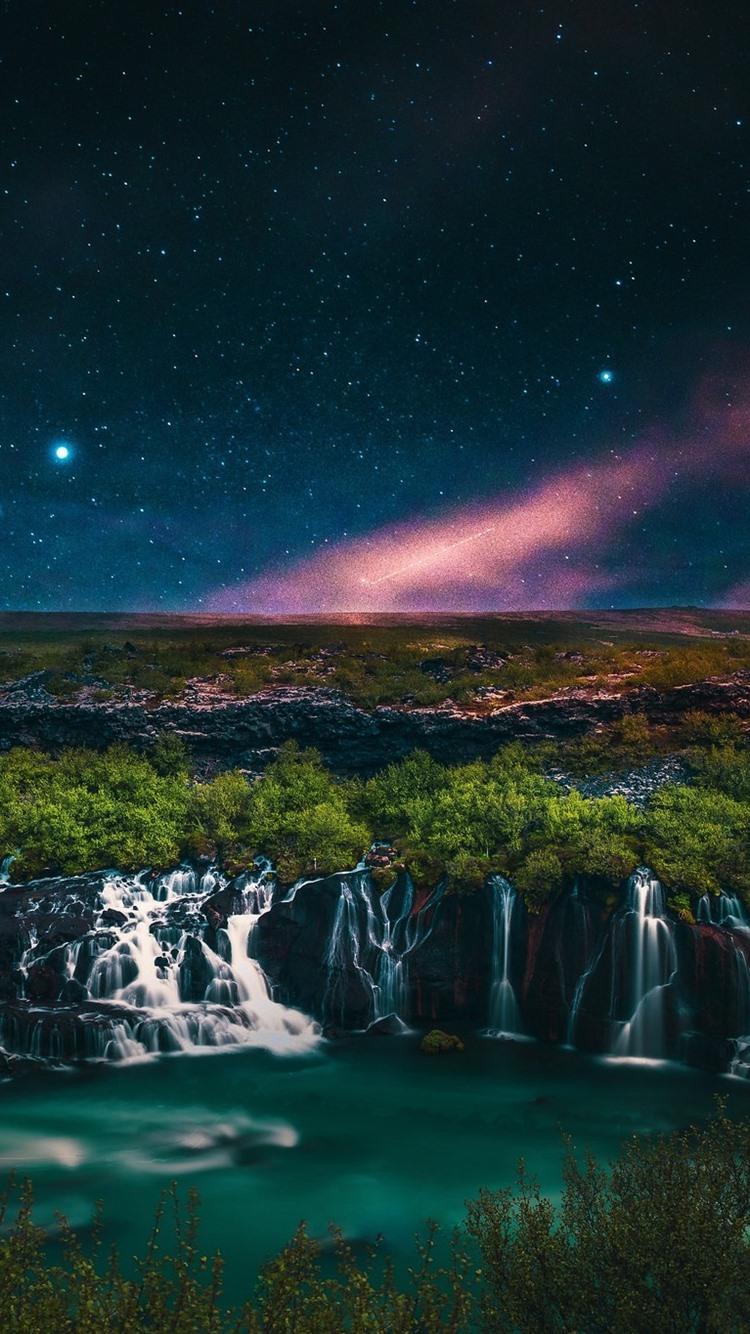 Beautiful Waterfalls, Night, Starry 750x1334 IPhone 8 7 6 6S