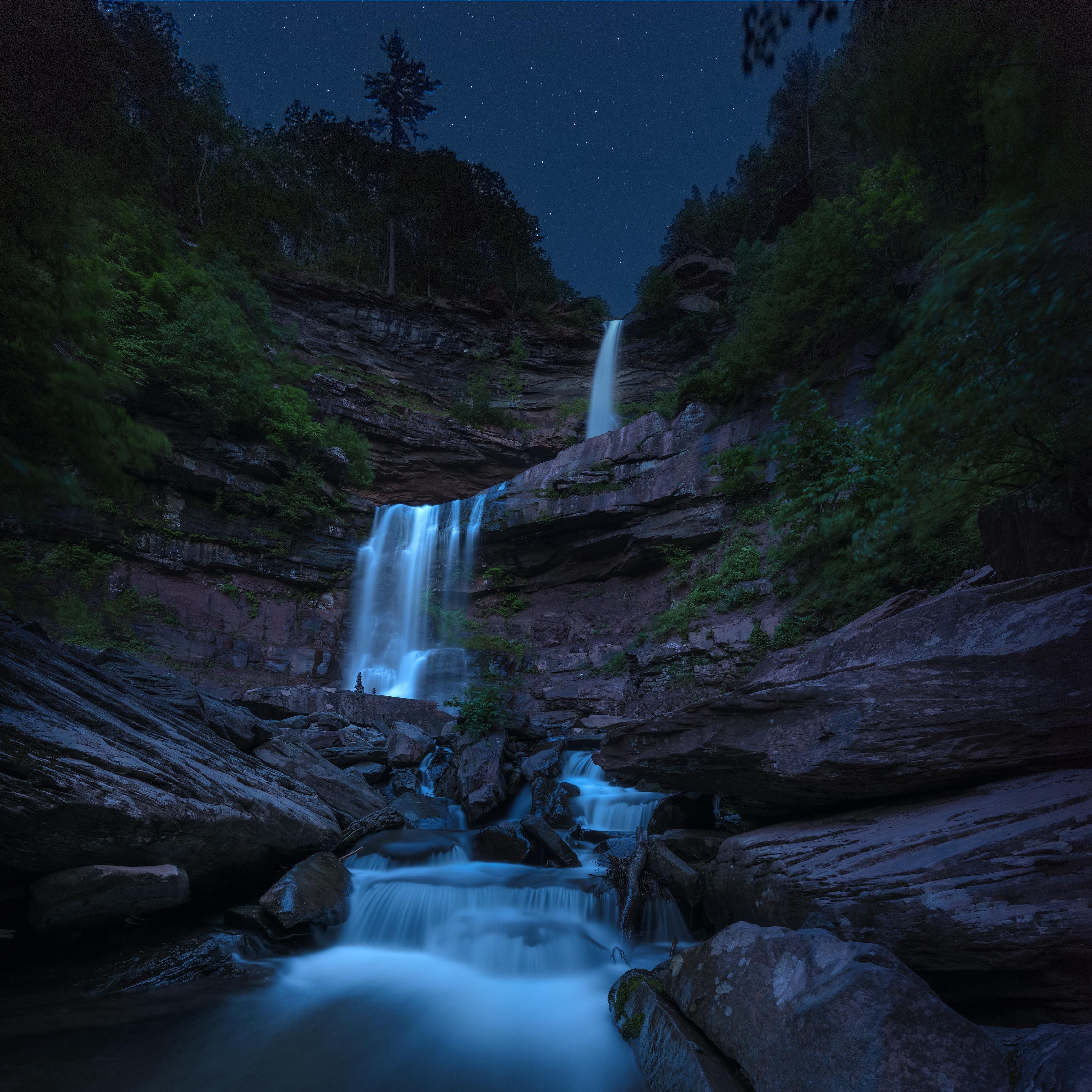 Download wallpaper 3415x3415 waterfall, flow, starry sky, twilight