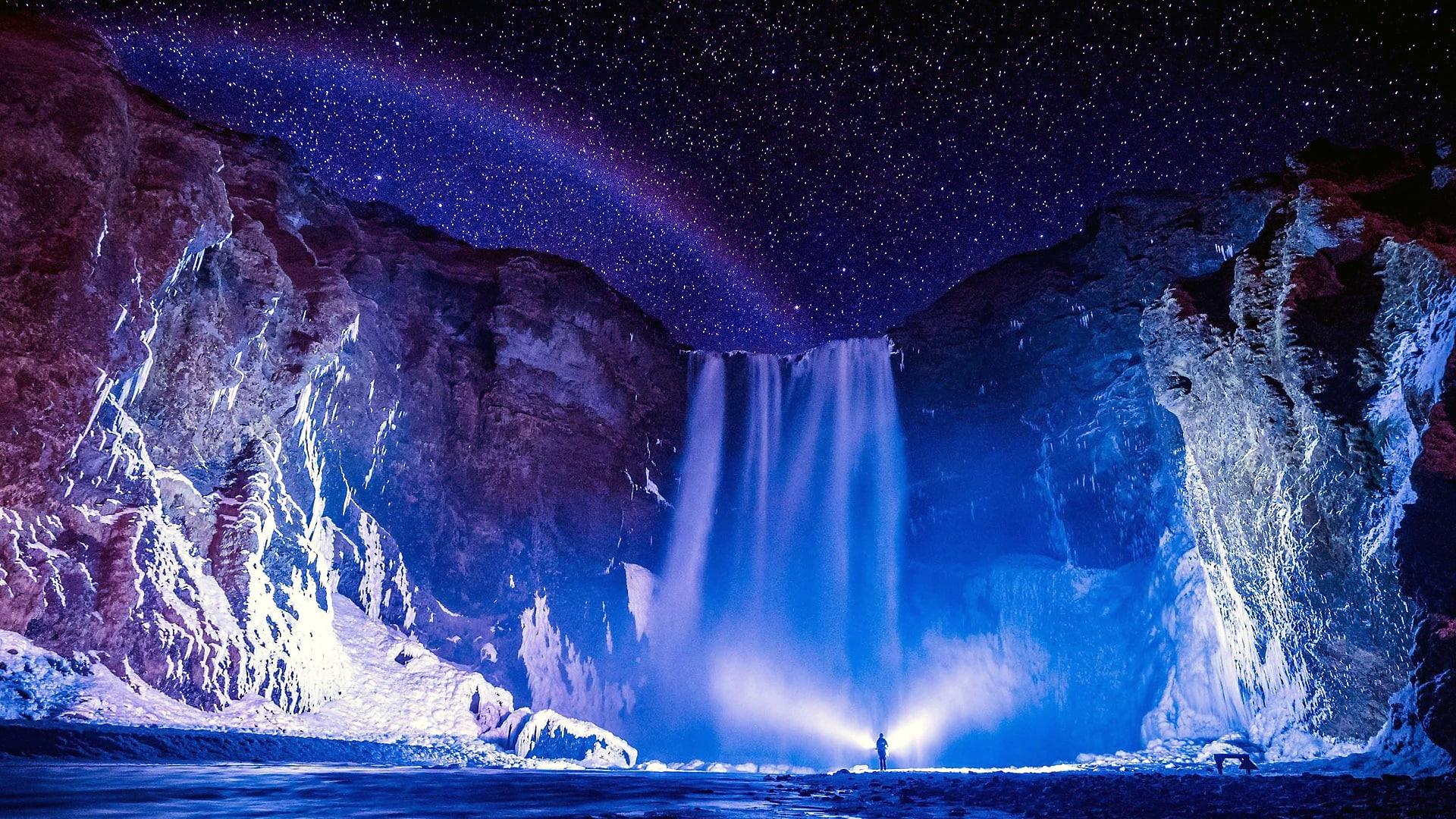 HD wallpaper: Artistic, Waterfall, Blue, Night, Sky